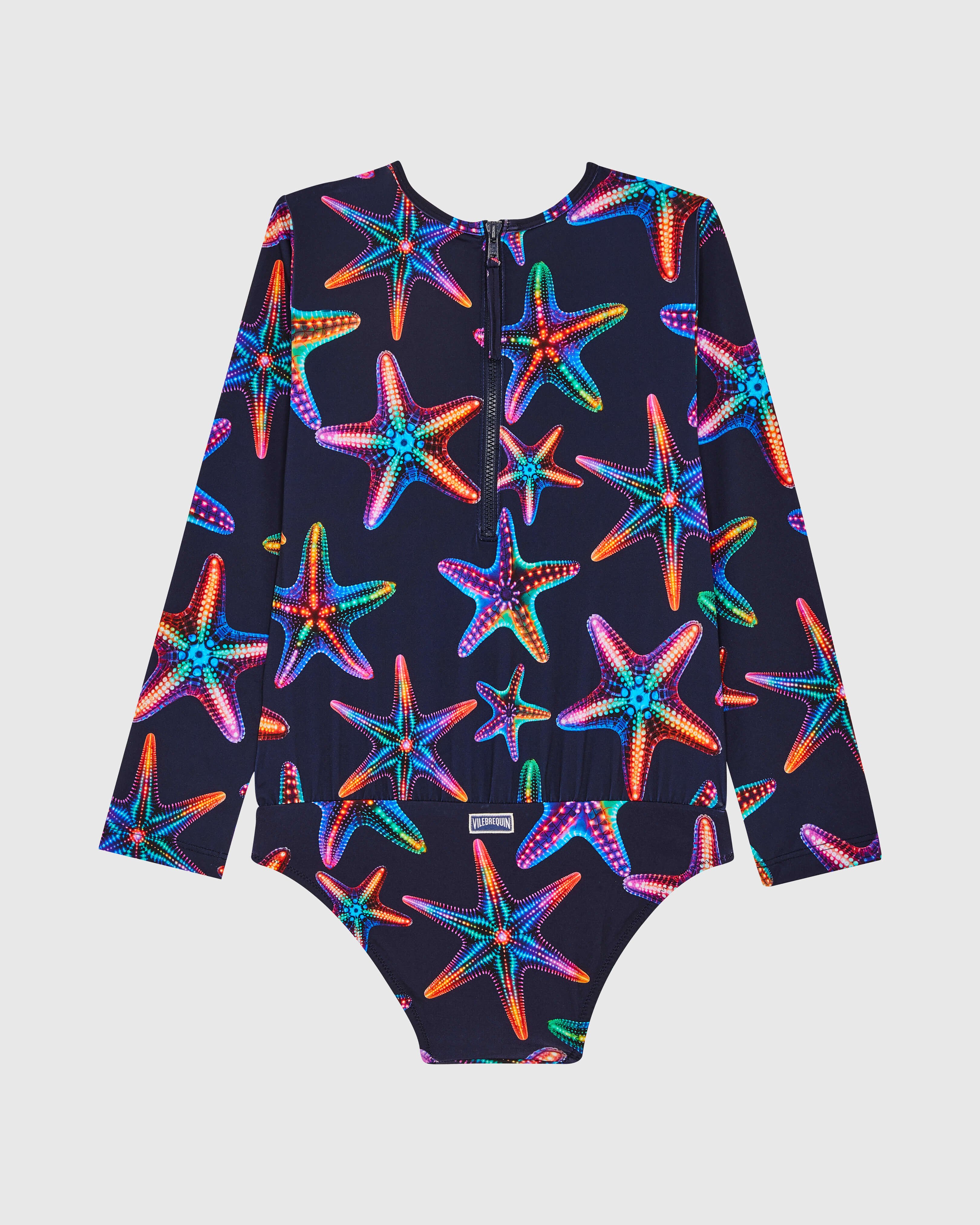 Girls One-piece Zipped Swimsuit Rashguard Disco Stars NAVY back view