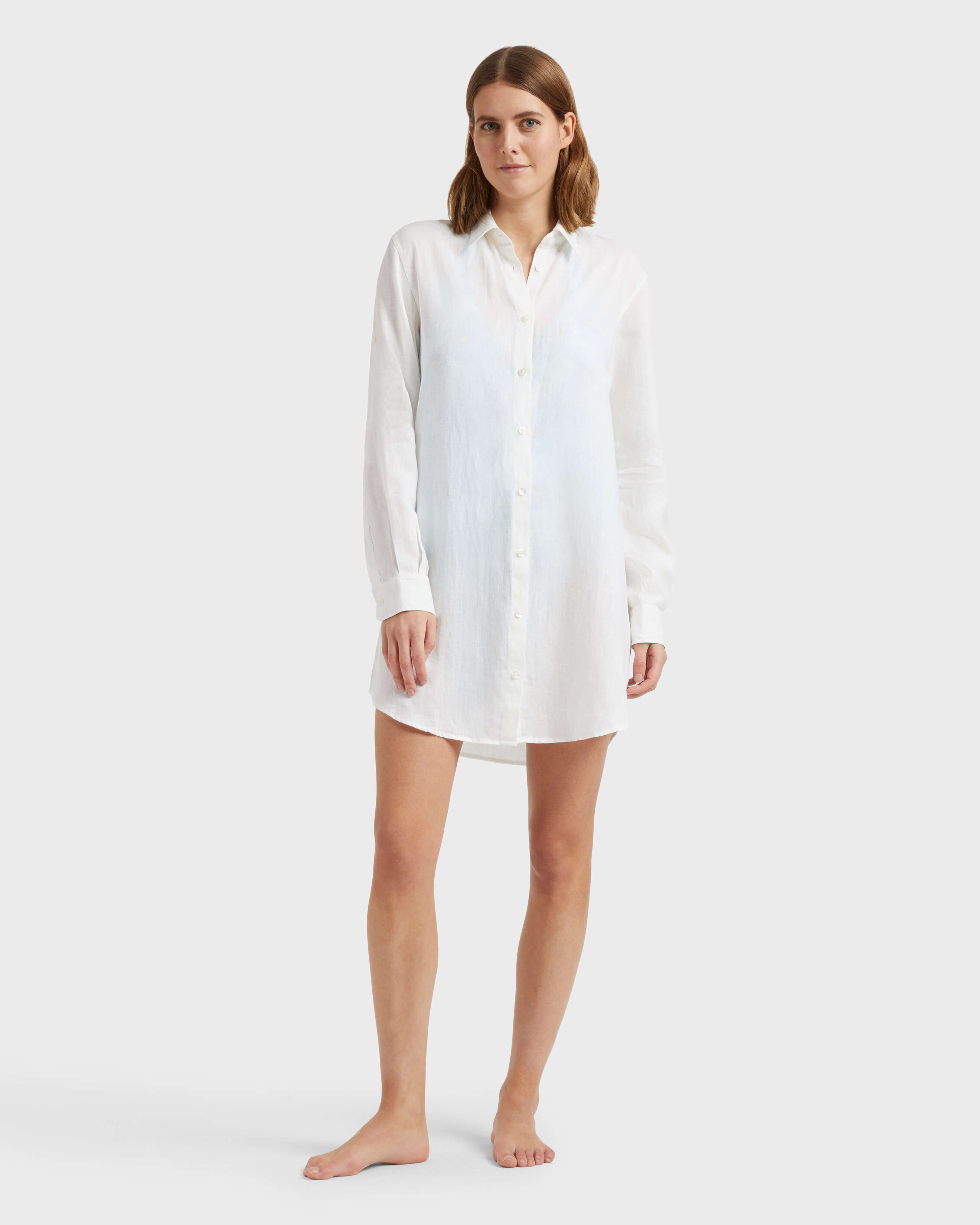 Women Linen Shirt Dress Solid WHITE frontworn view