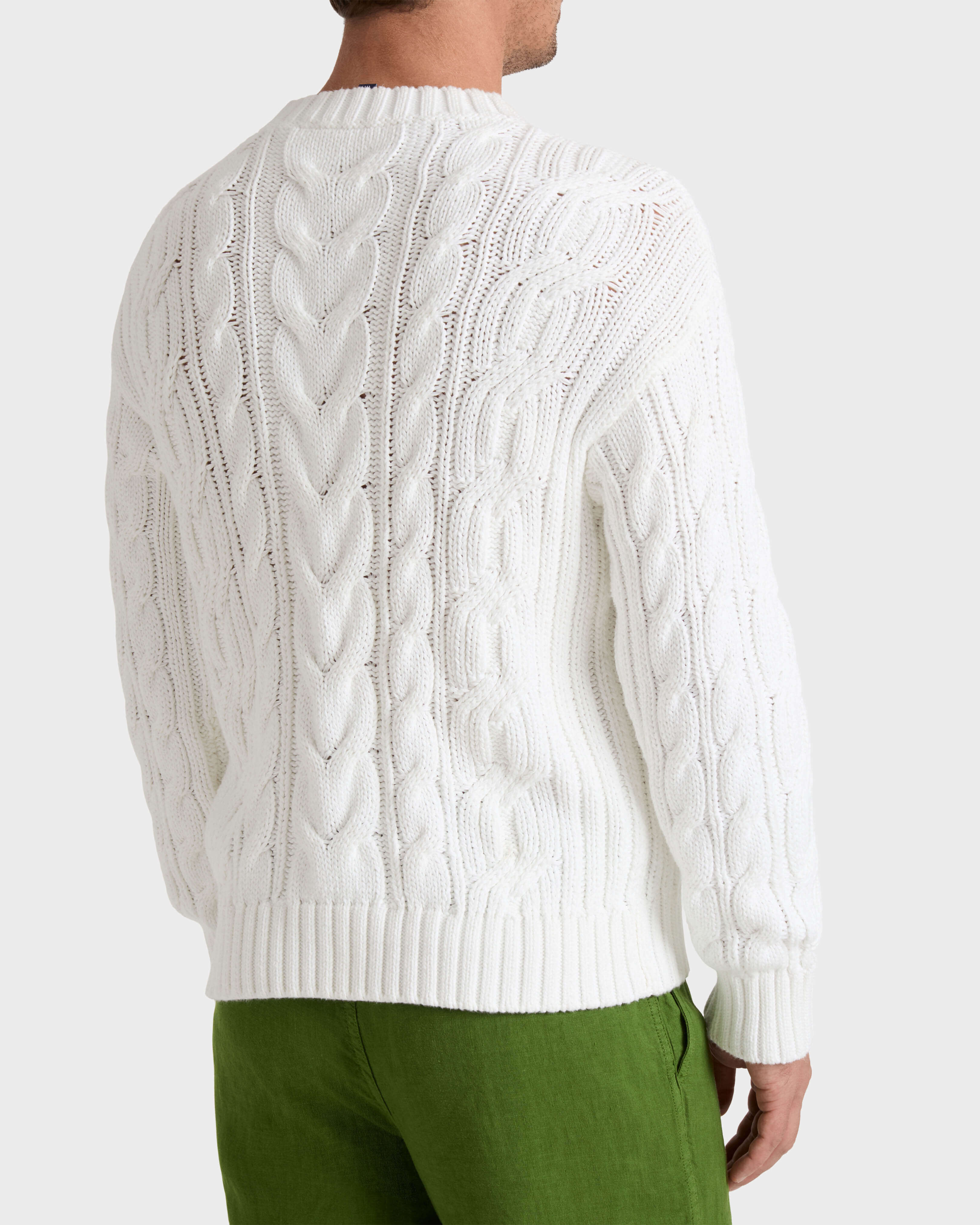 Men Cable-Knit Cotton Sweater WHITE backworn view
