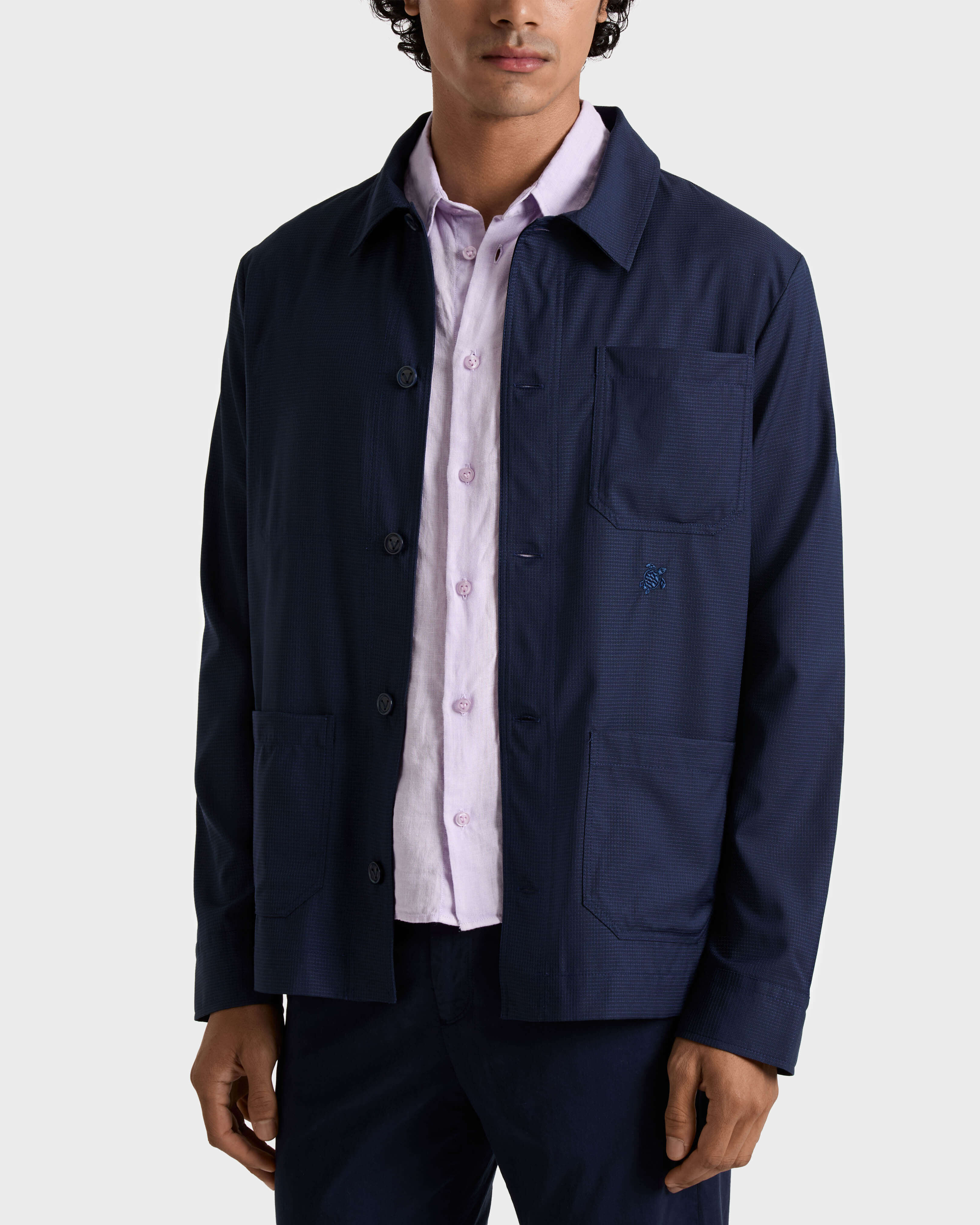 Micro Carreaux Herren-Overshirt aus Wolle MARINEBLAU frontworn view