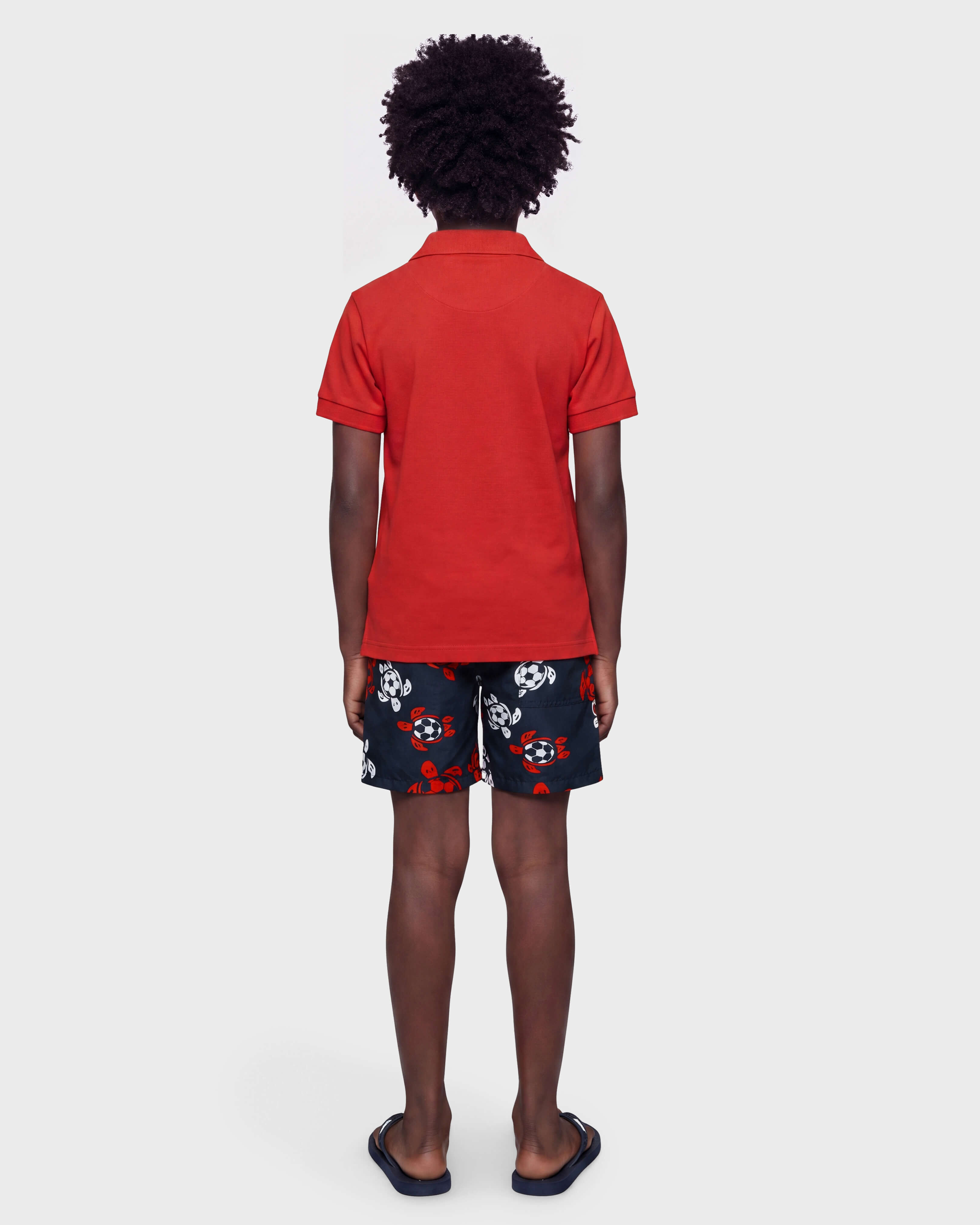 Boys Stretch Swim Trunks Soccer Turtles NAVY backworn view