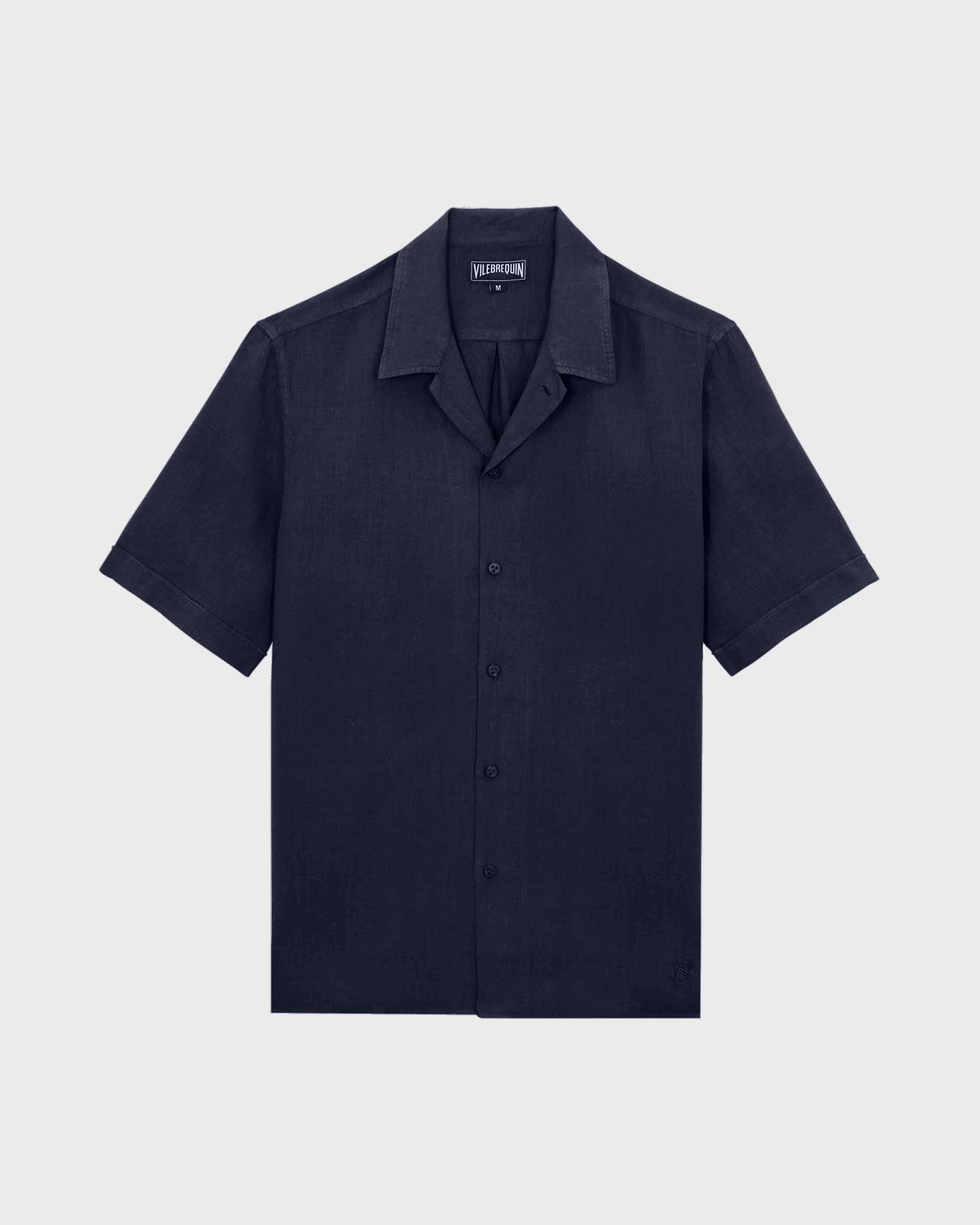 Men Bowling Linen Shirt Solid NAVY front view