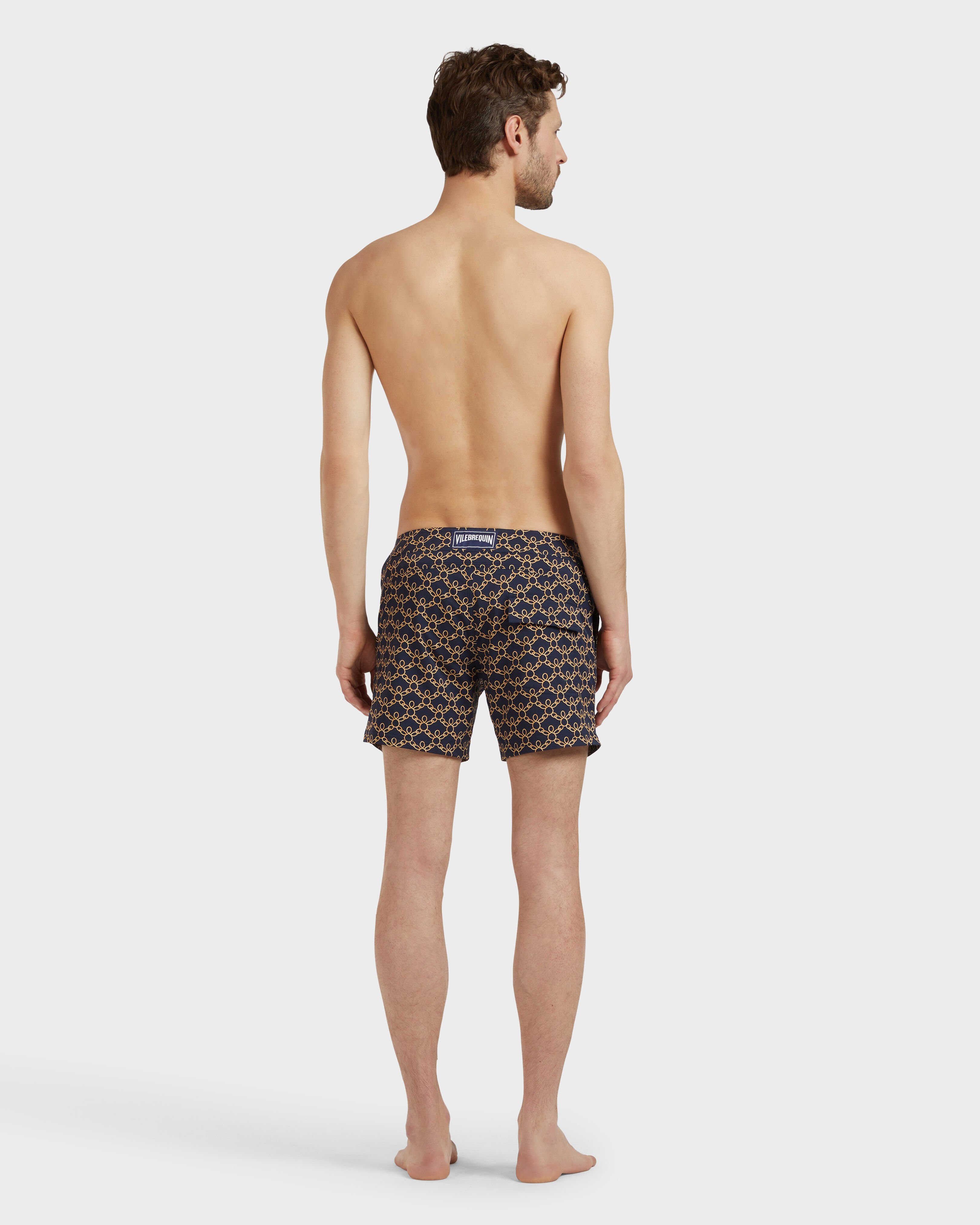 Men Stretch Short Flat Belt Swim Shorts Turtles Chain NAVY frontworn view