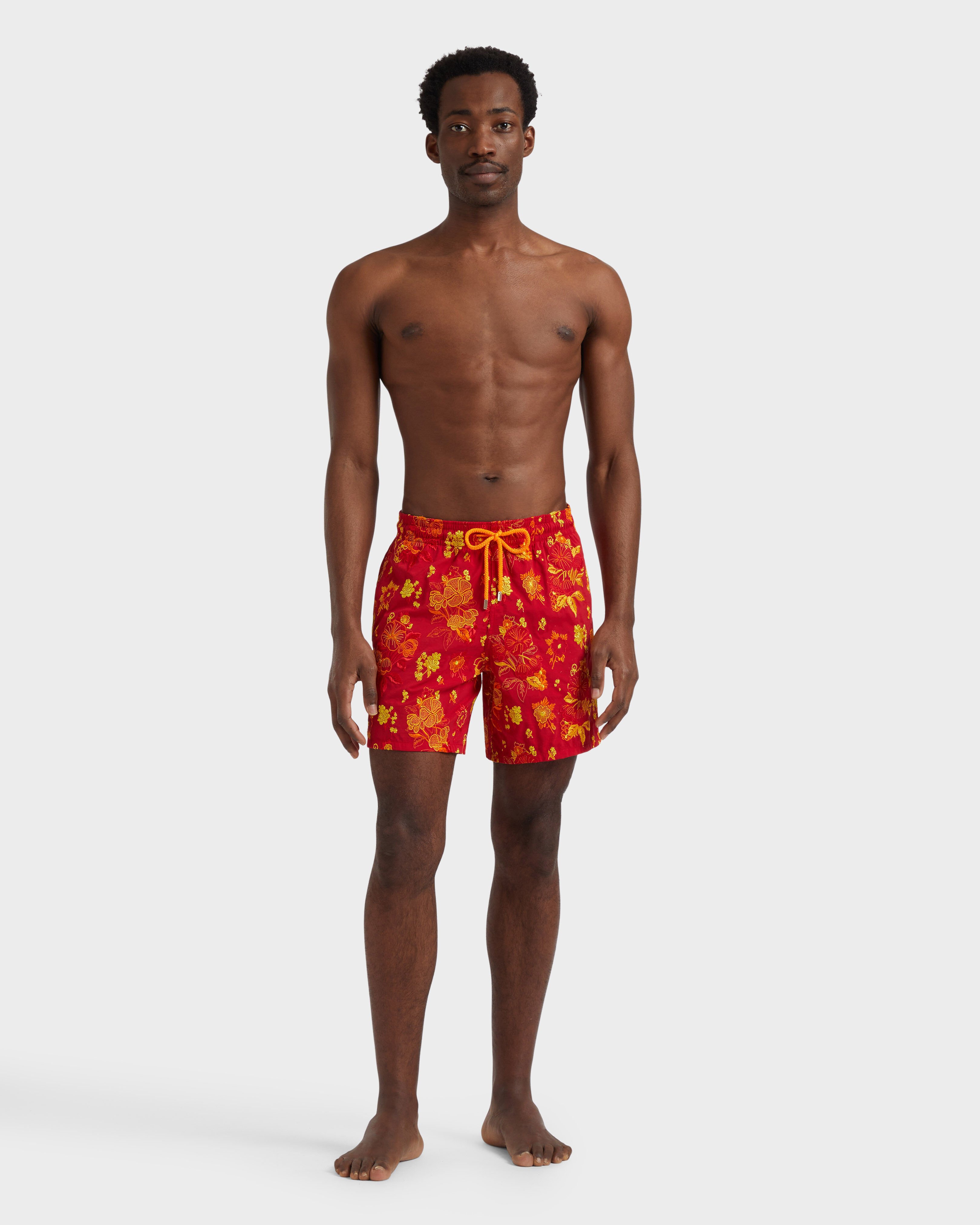 Men Swim Shorts Embroidered Flowers - Limited Edition LIPSTICK frontworn view