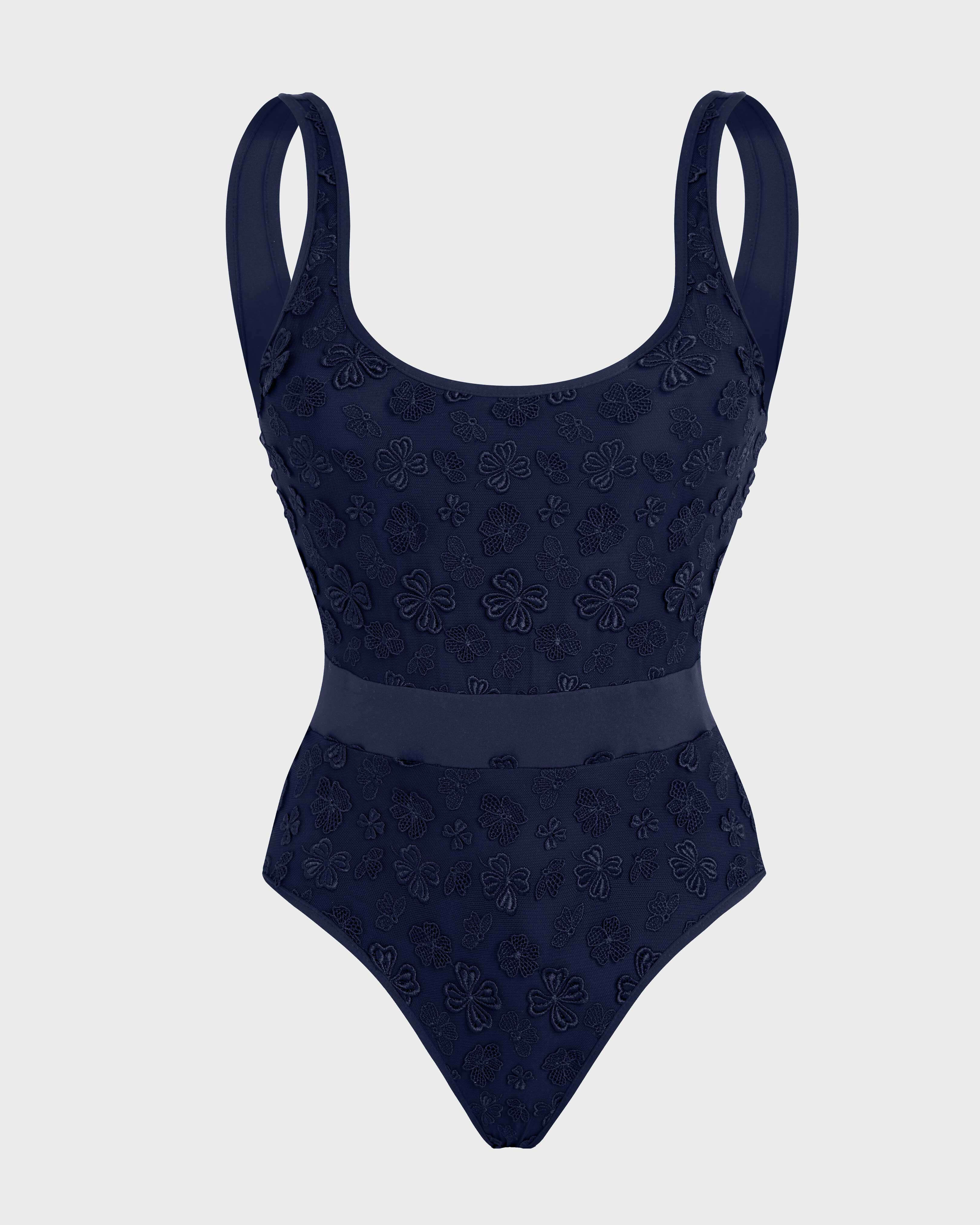 Women One-piece swimsuit Embroidered Flowers NAVY front view