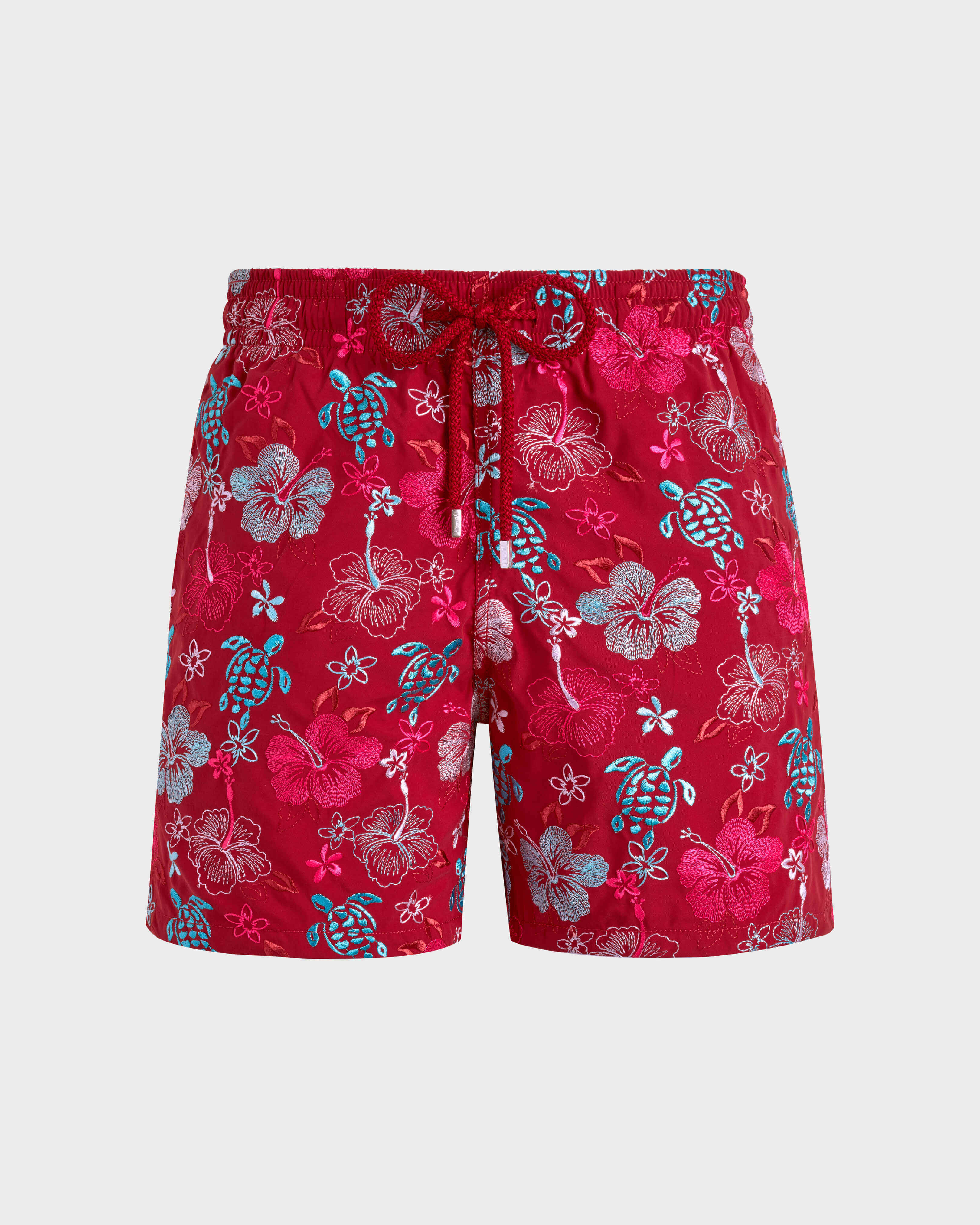 Men Swim Shorts Embroidered Tropical Turtles - Limited Edition BRICK front view