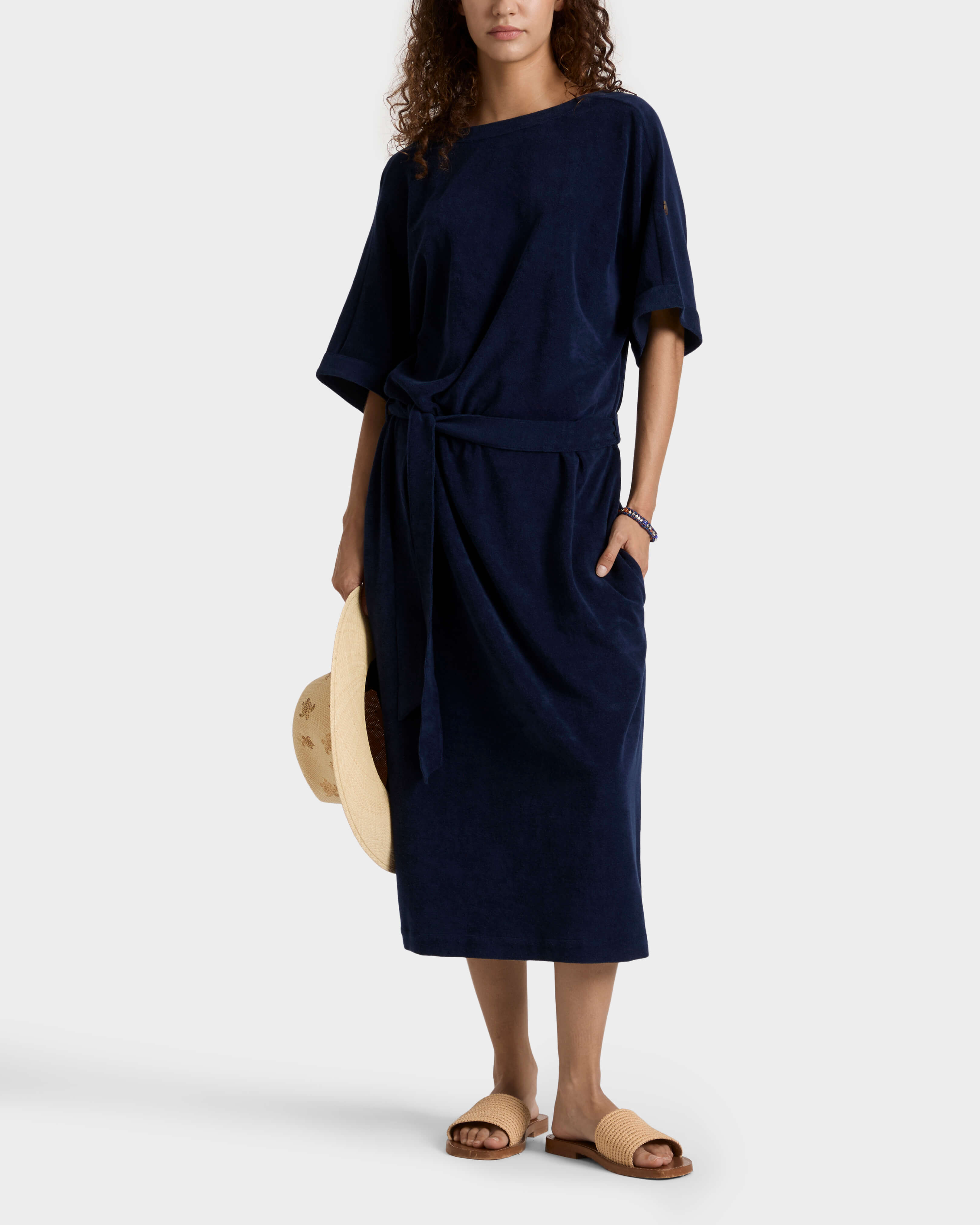 Caftano donna reversibile in spugna tinta unita BLU MARINE frontworn view