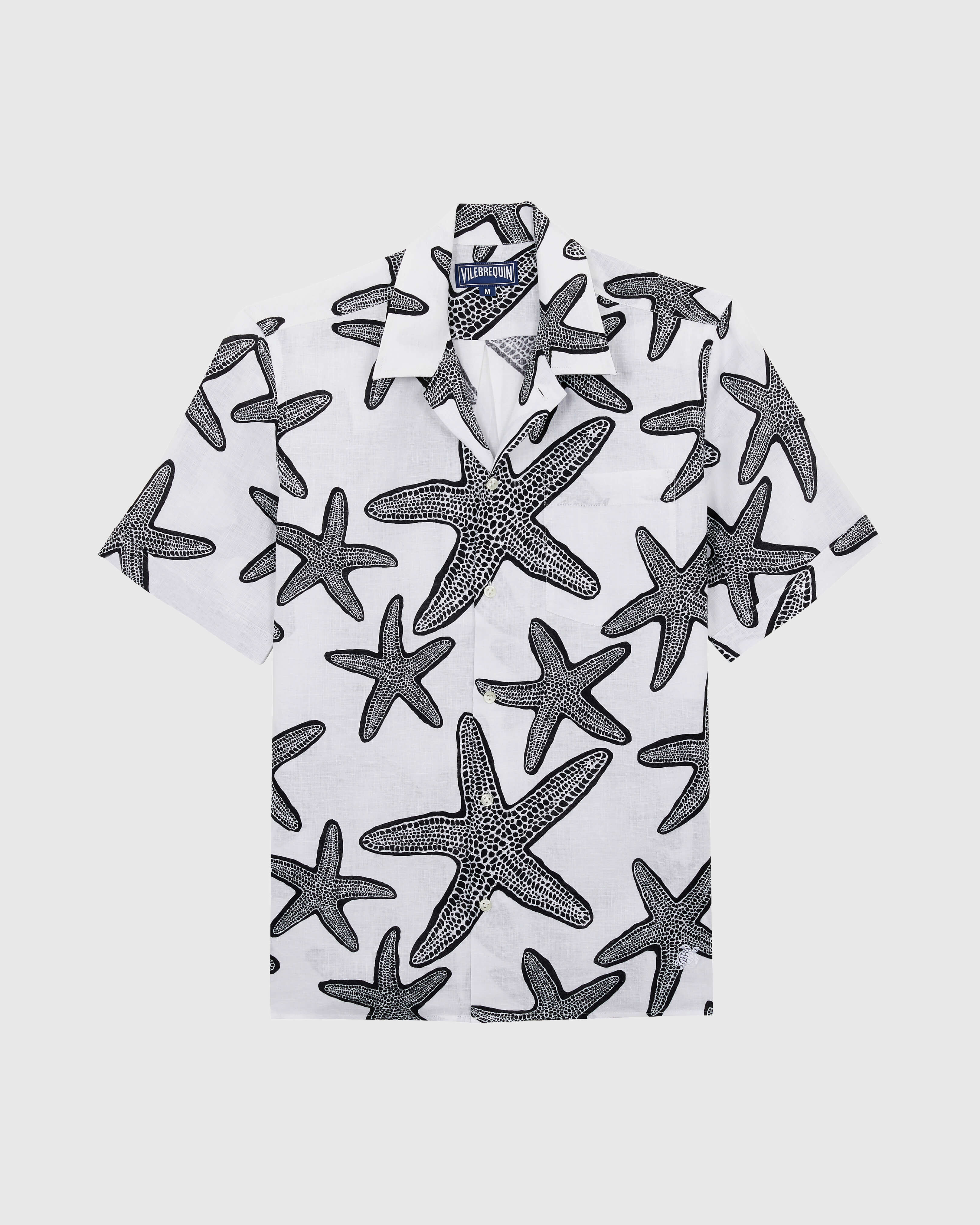 Men Linen Bowling Shirt Starlettes WHITE front view