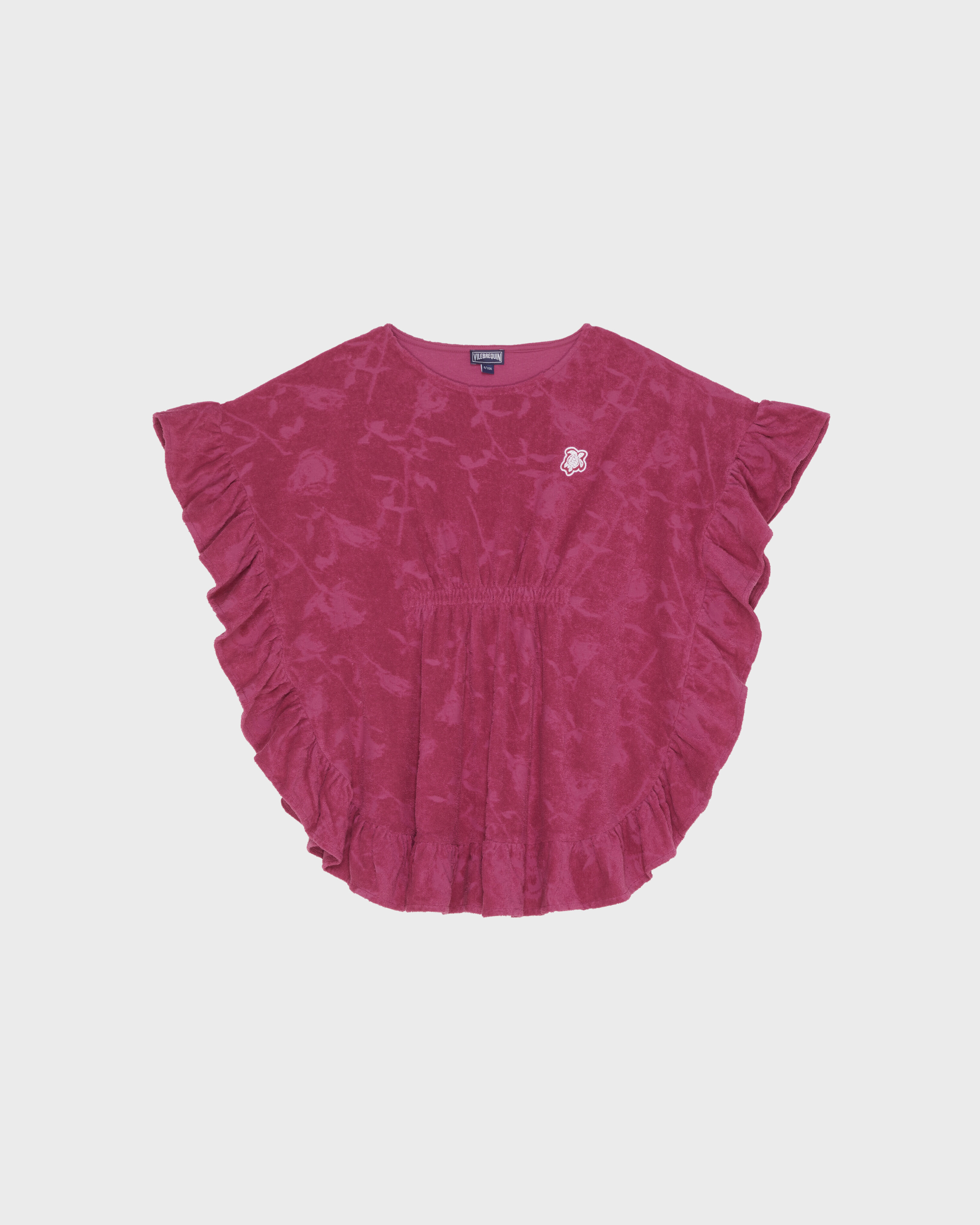 Girls Jacquard Roses Terry Poncho CRIMSON PURPLE front view