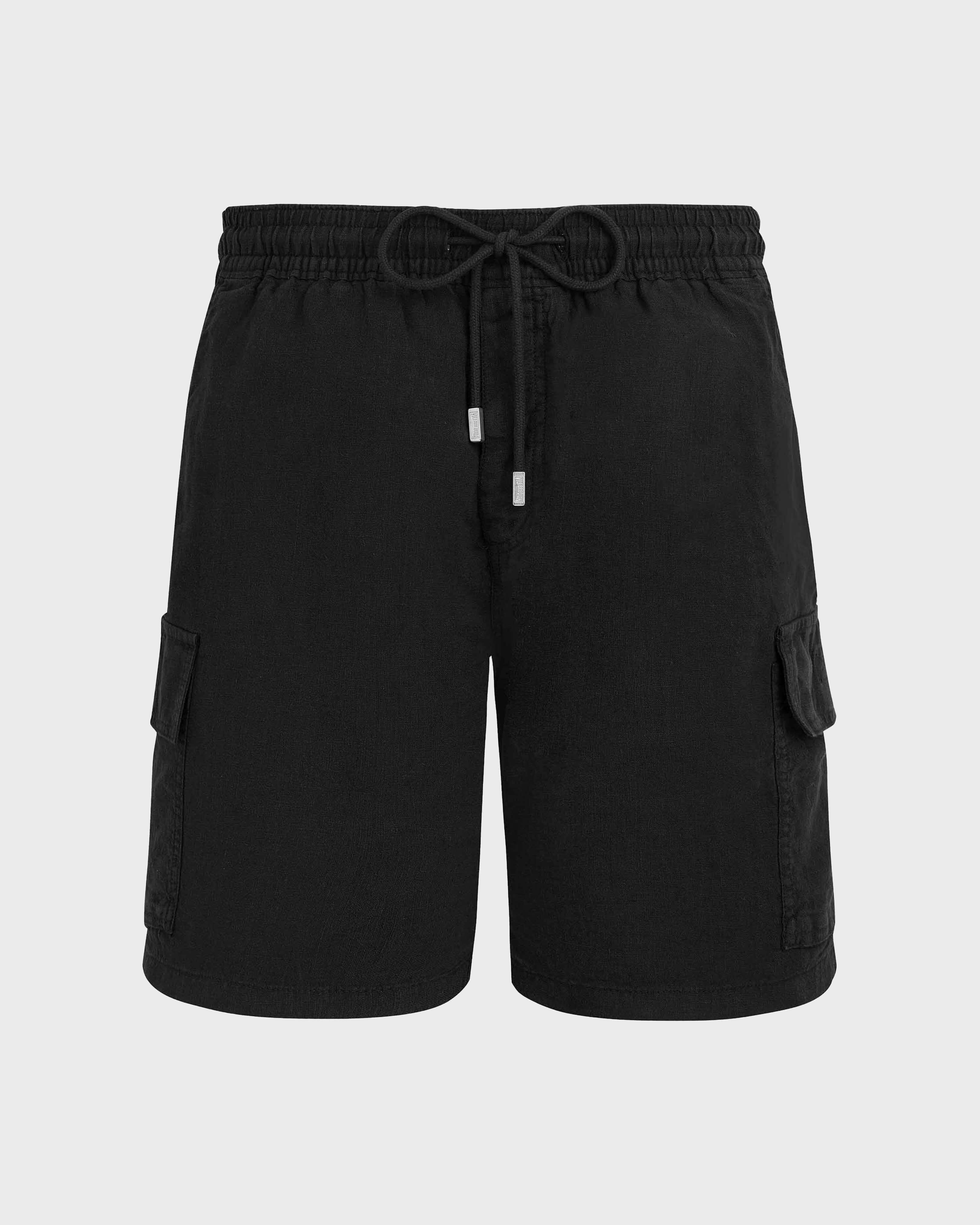 Bermudas de lino para hombre con bolsillos cargo NEGRO front view