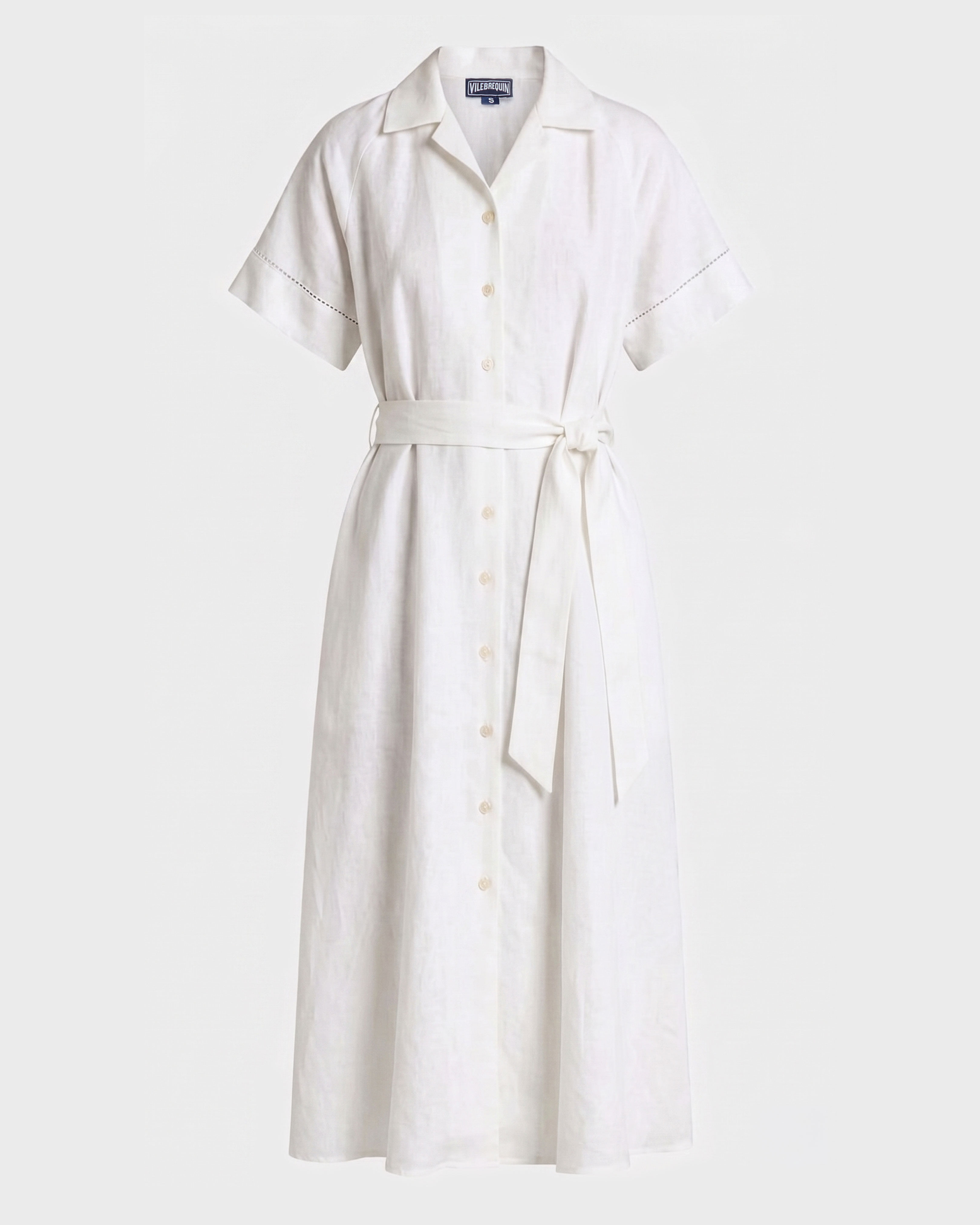 Vestido camisero largo de lino de color liso para mujer BLANCO front view