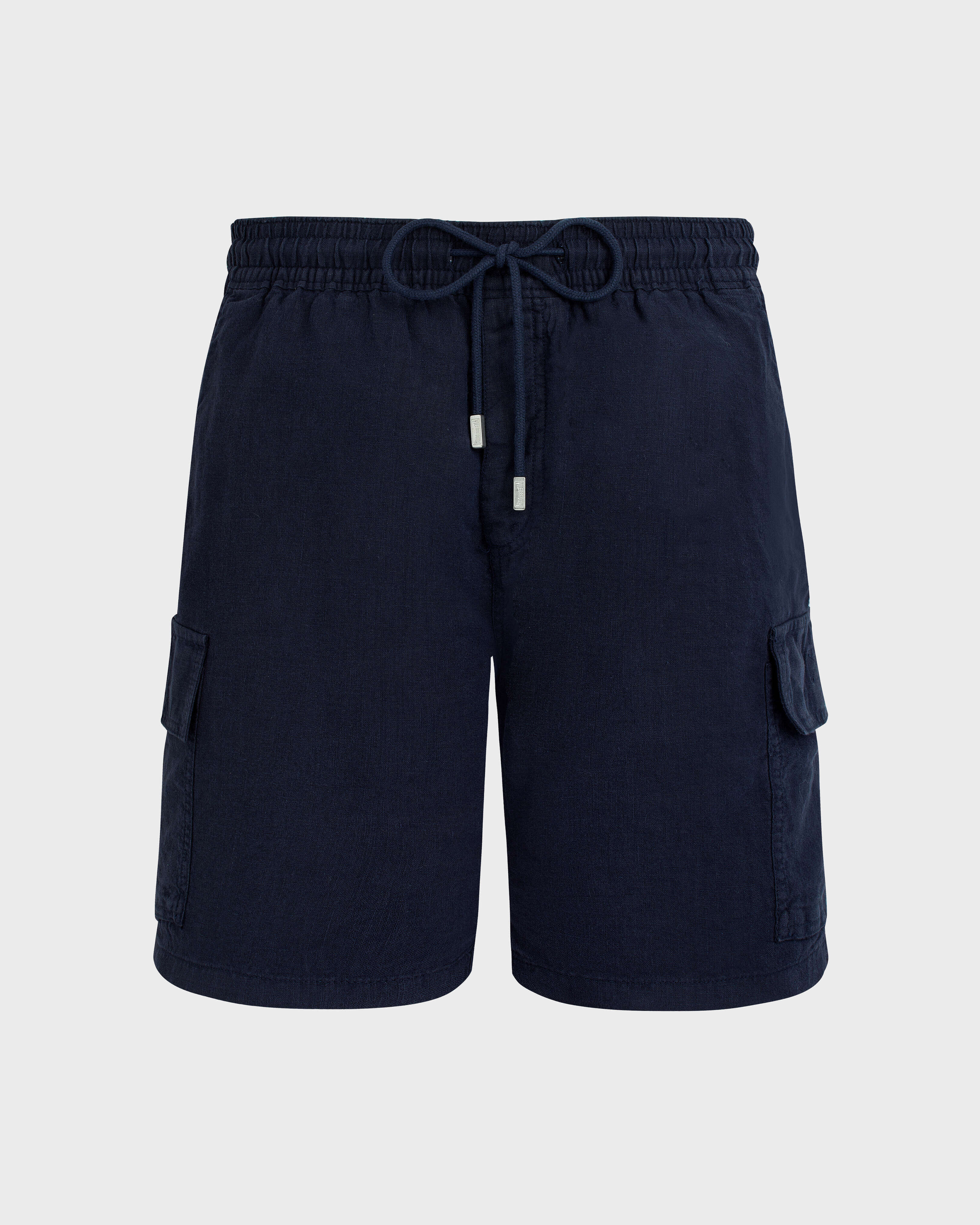 Men Linen Bermuda Shorts Cargo Pockets NAVY front view