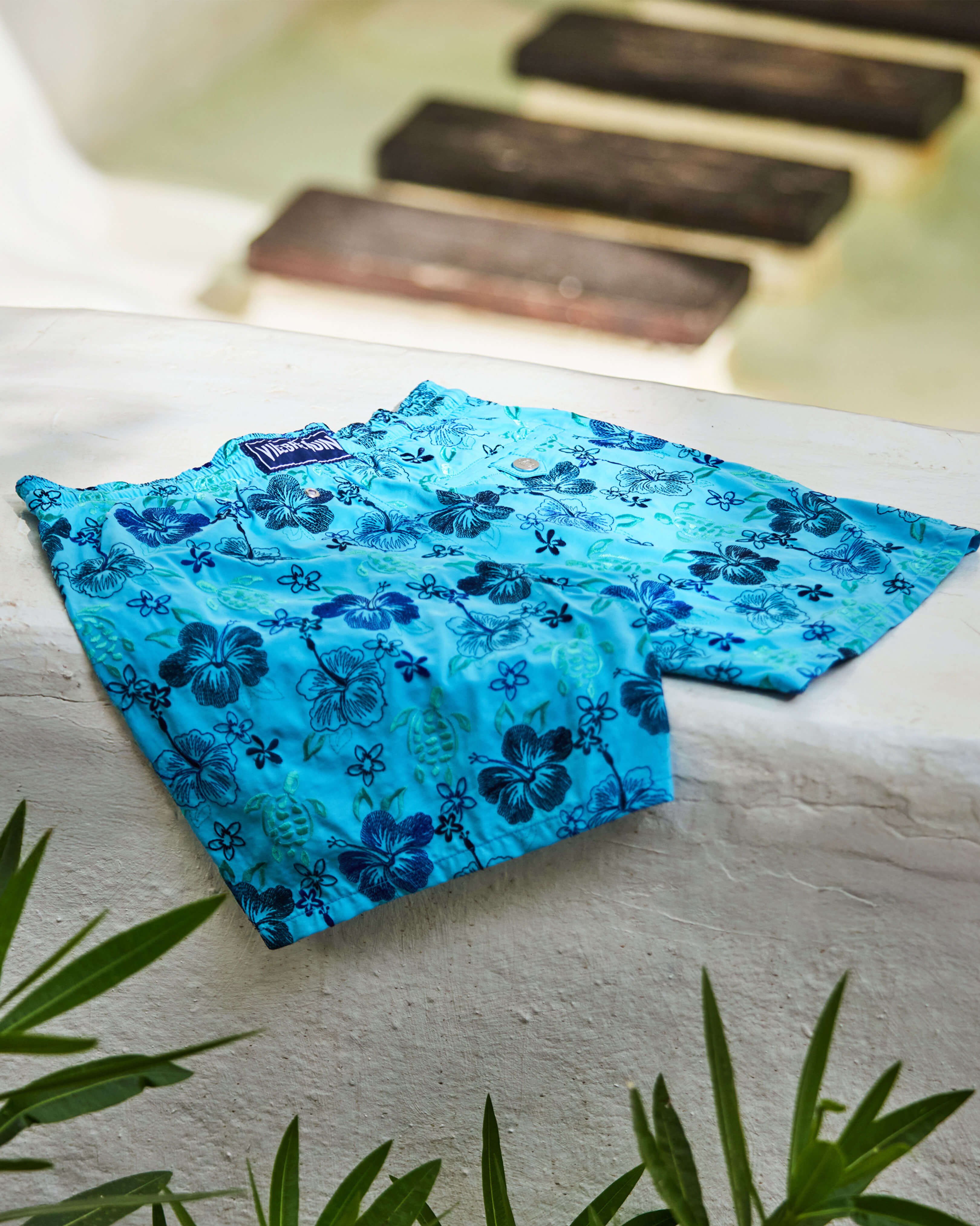 Men Swim Shorts Embroidered Tropical Turtles - Limited Edition BLUE TOPAZ override view
