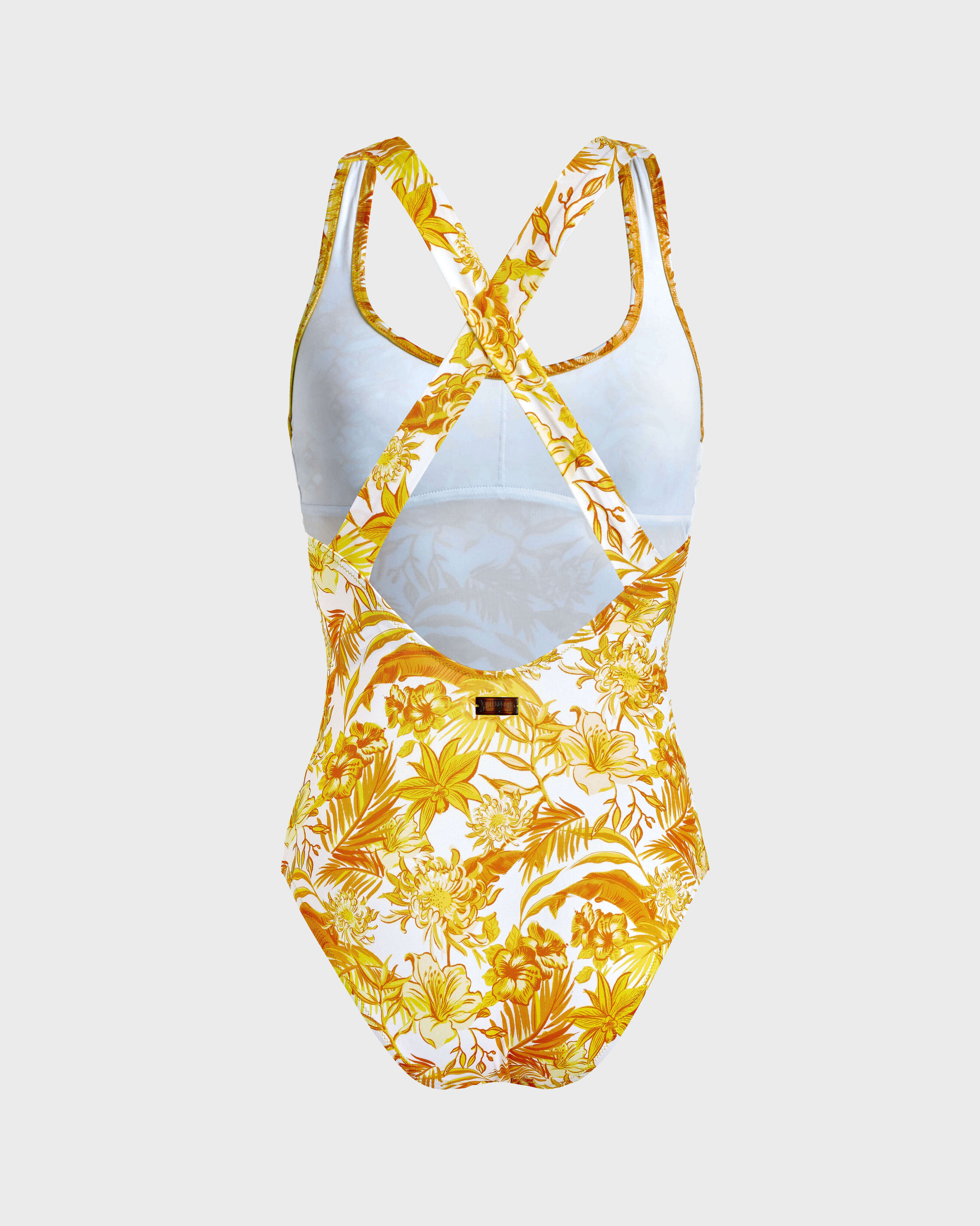Women Crossed Back Straps One-piece Swimsuit Tahiti Flowers CORN back view