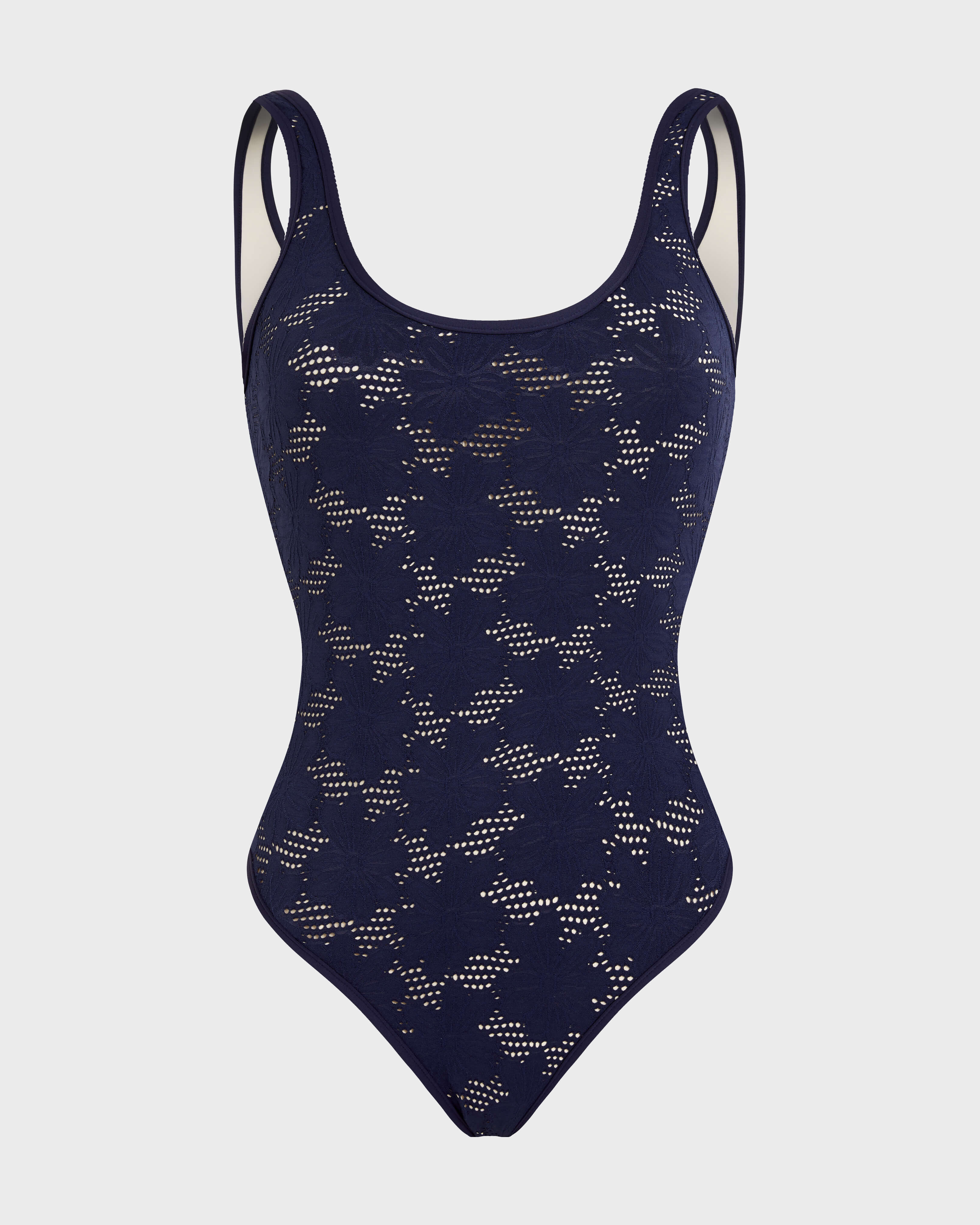 Maillot de bain une pièce dos échancré femme Jacquard Fleur Broderie Anglaise BLEU MARINE front view