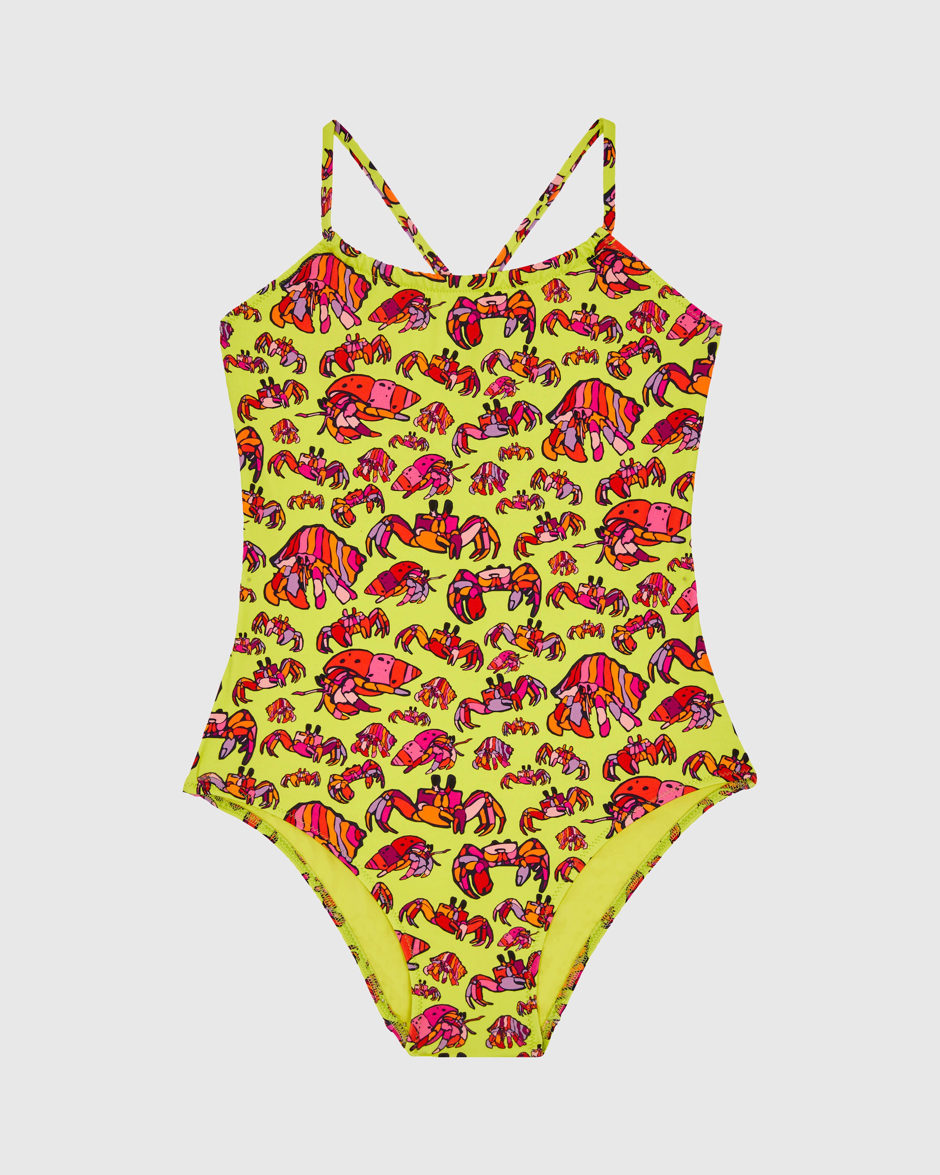 Girls One-piece Swimsuit Hermit Crabs CHARTREUSE front view