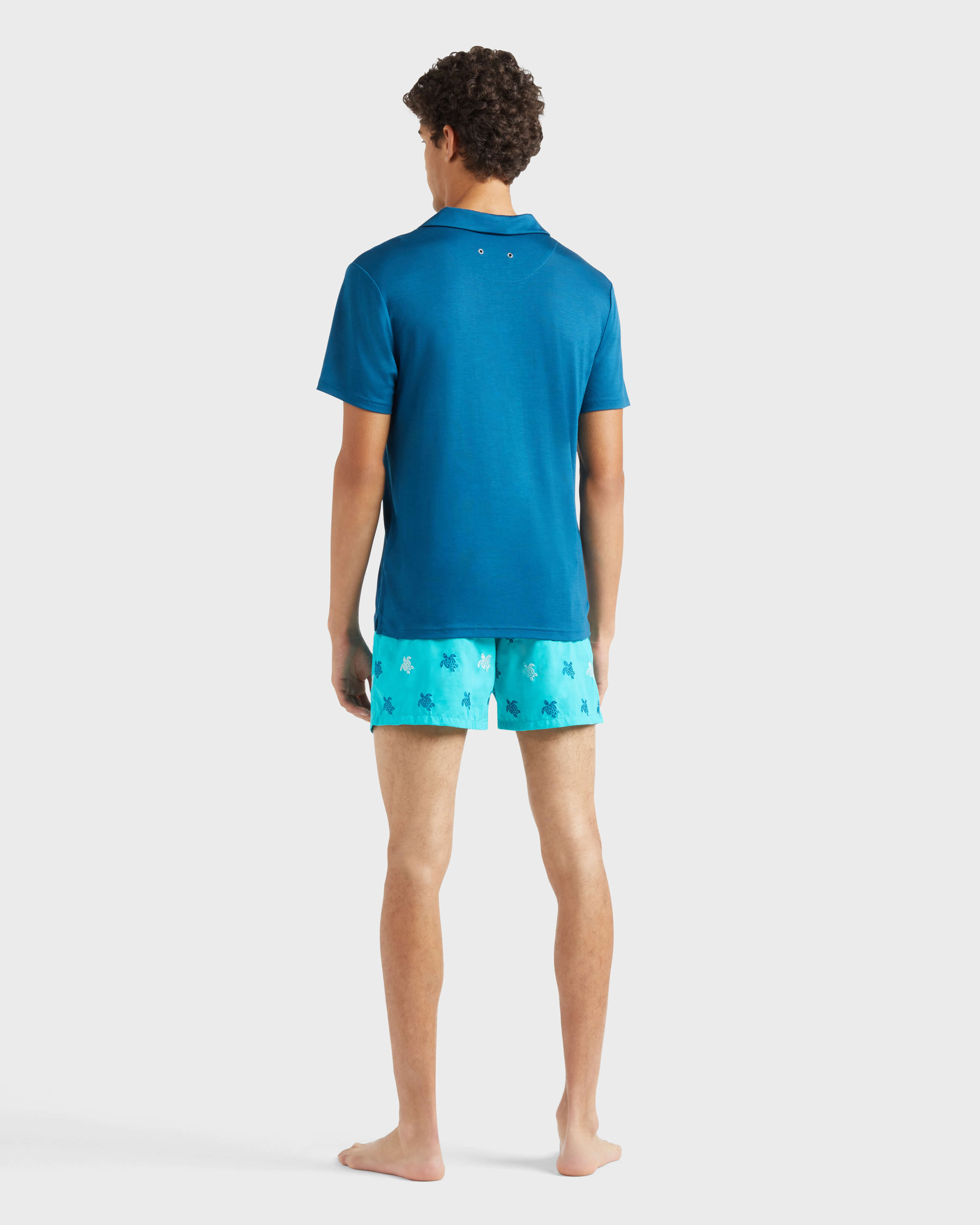 Men Tencel Polo Shirt Solid PEACOCK backworn view