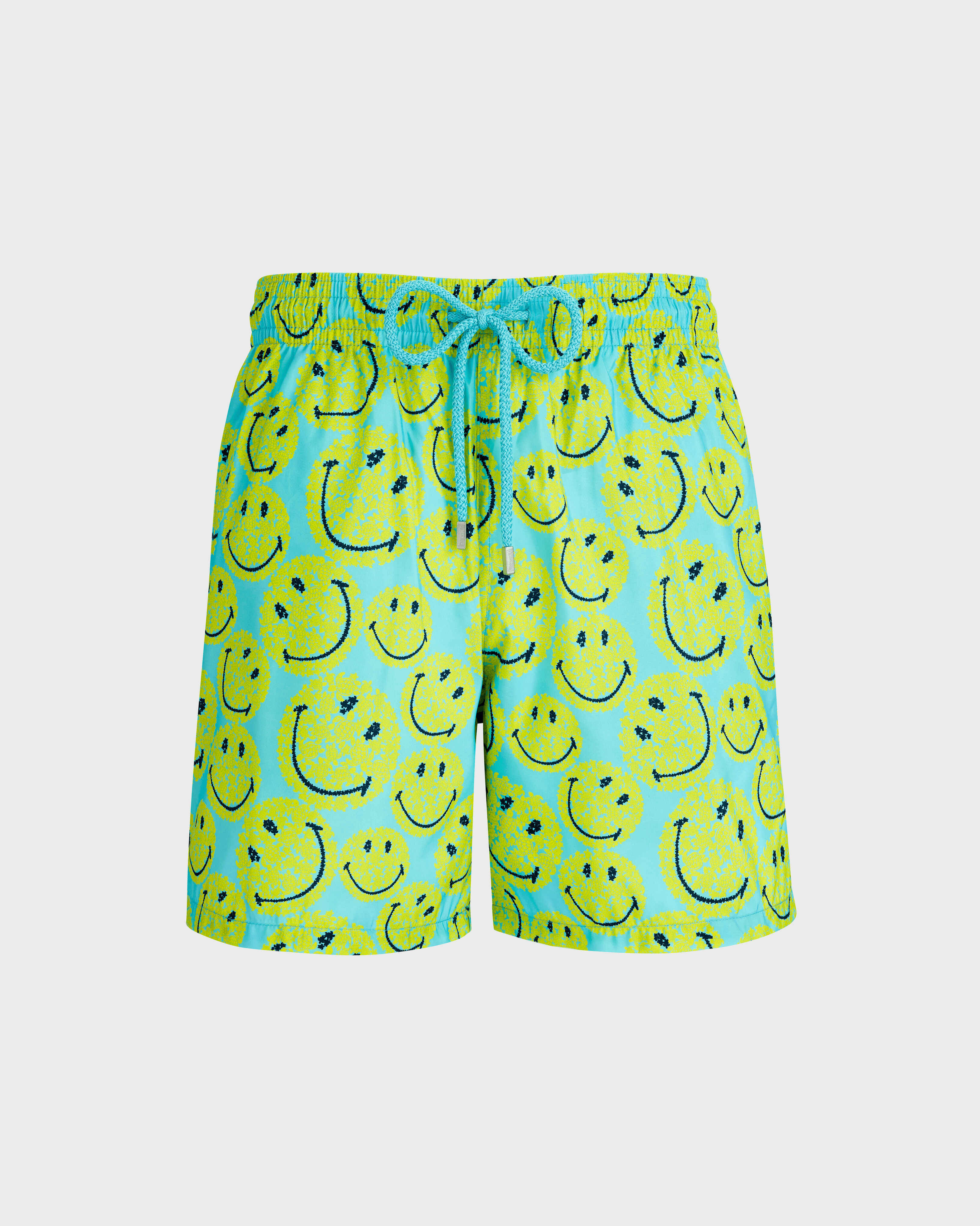 Ultraleichte und verstaubare Turtles Smiley Badeshorts für Herren – Vilebrequin x Smiley® LAZULII BLUE front view