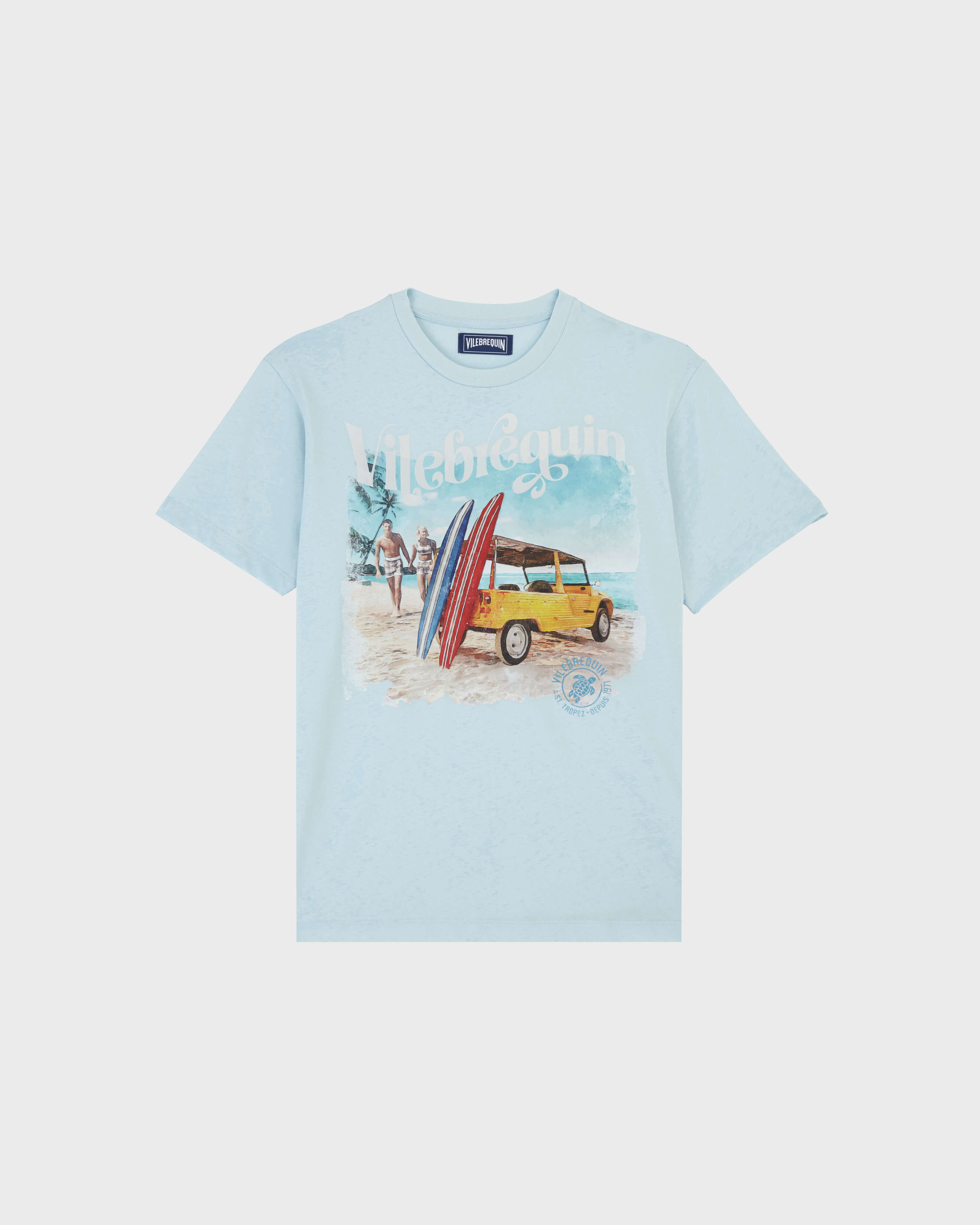 Surf and Mini Moke Baumwoll-T-Shirt für Herren HIMMELBLAU front view