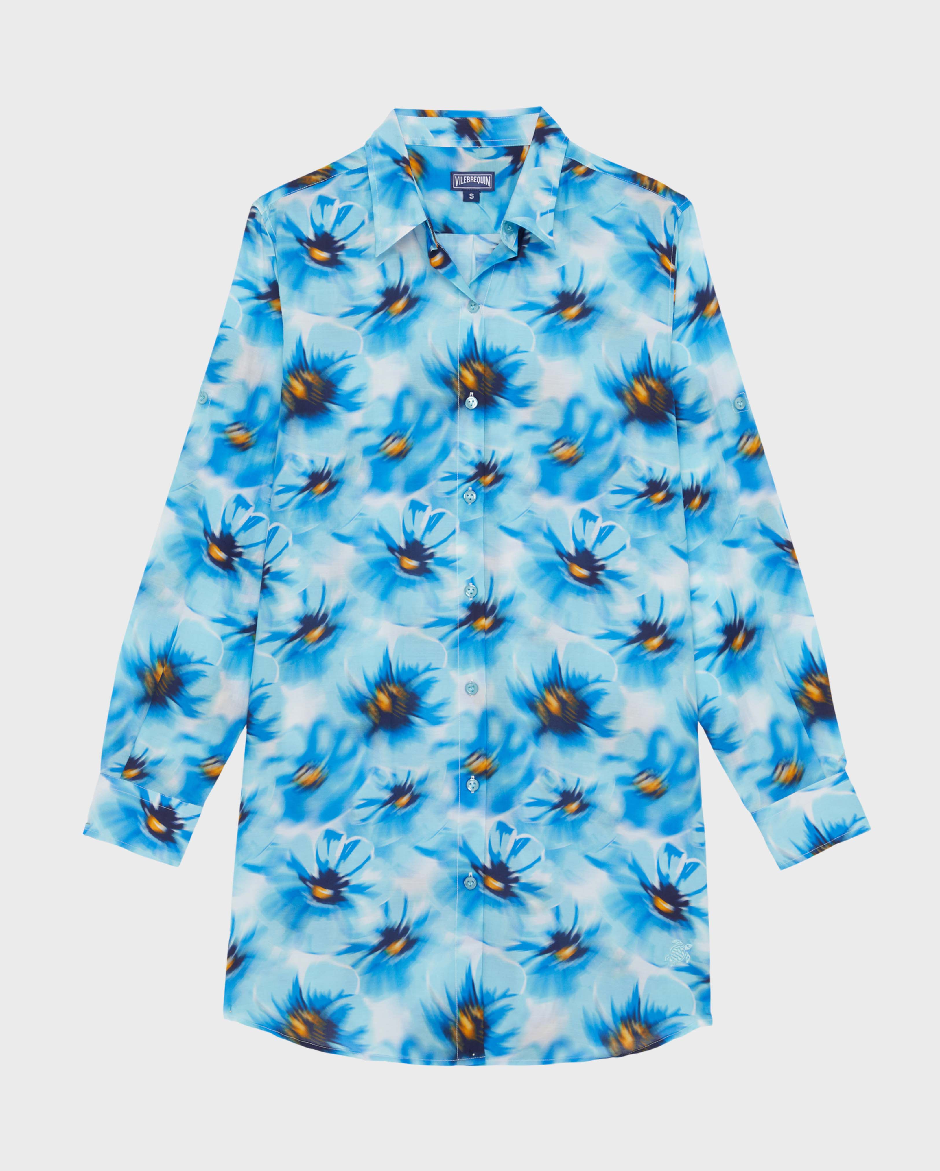 Women Cotton Voile Shirt Dress Poppies BLUE TOPAZ front view