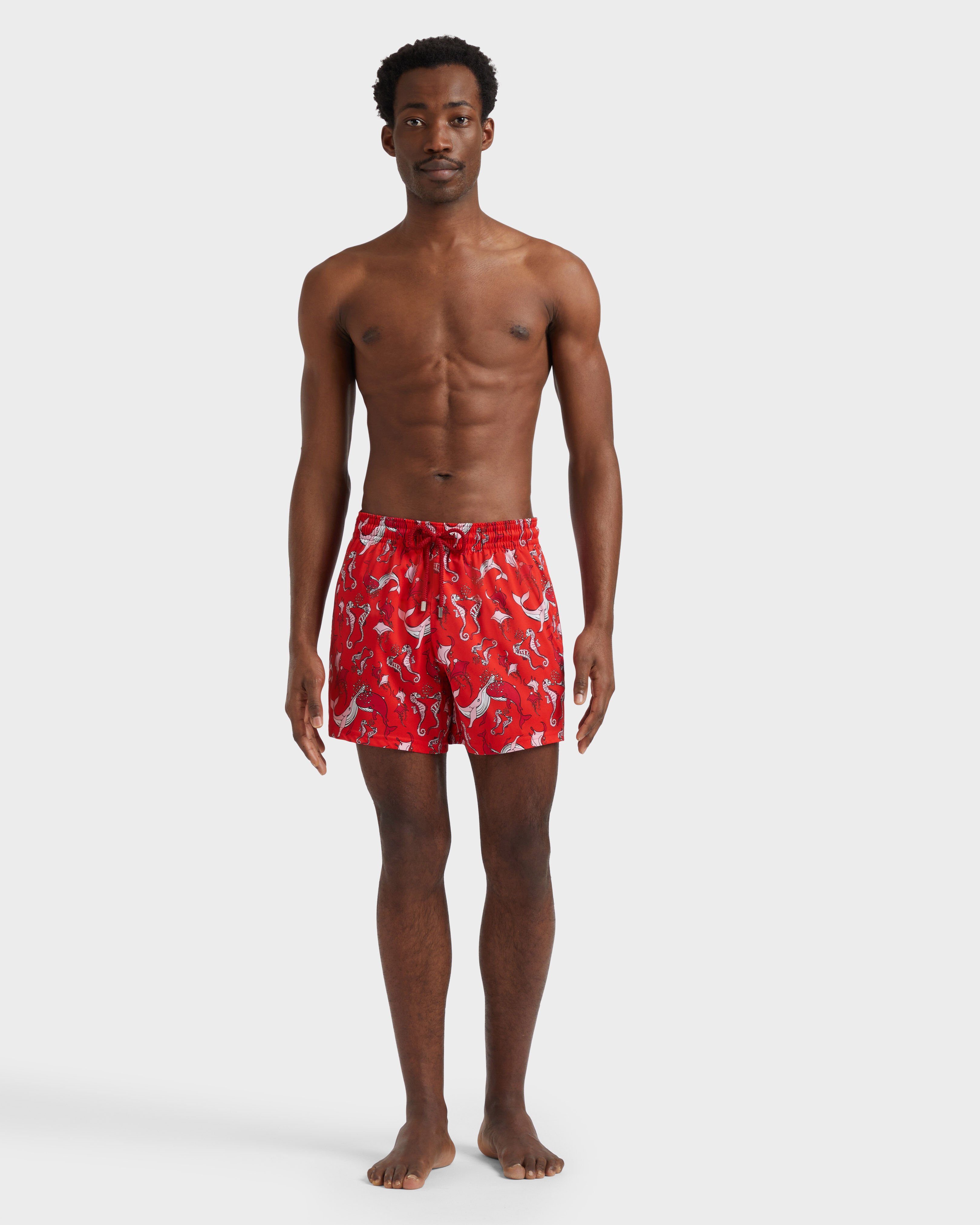 Men Stretch Short Swim Shorts Whales love POPPY RED frontworn view