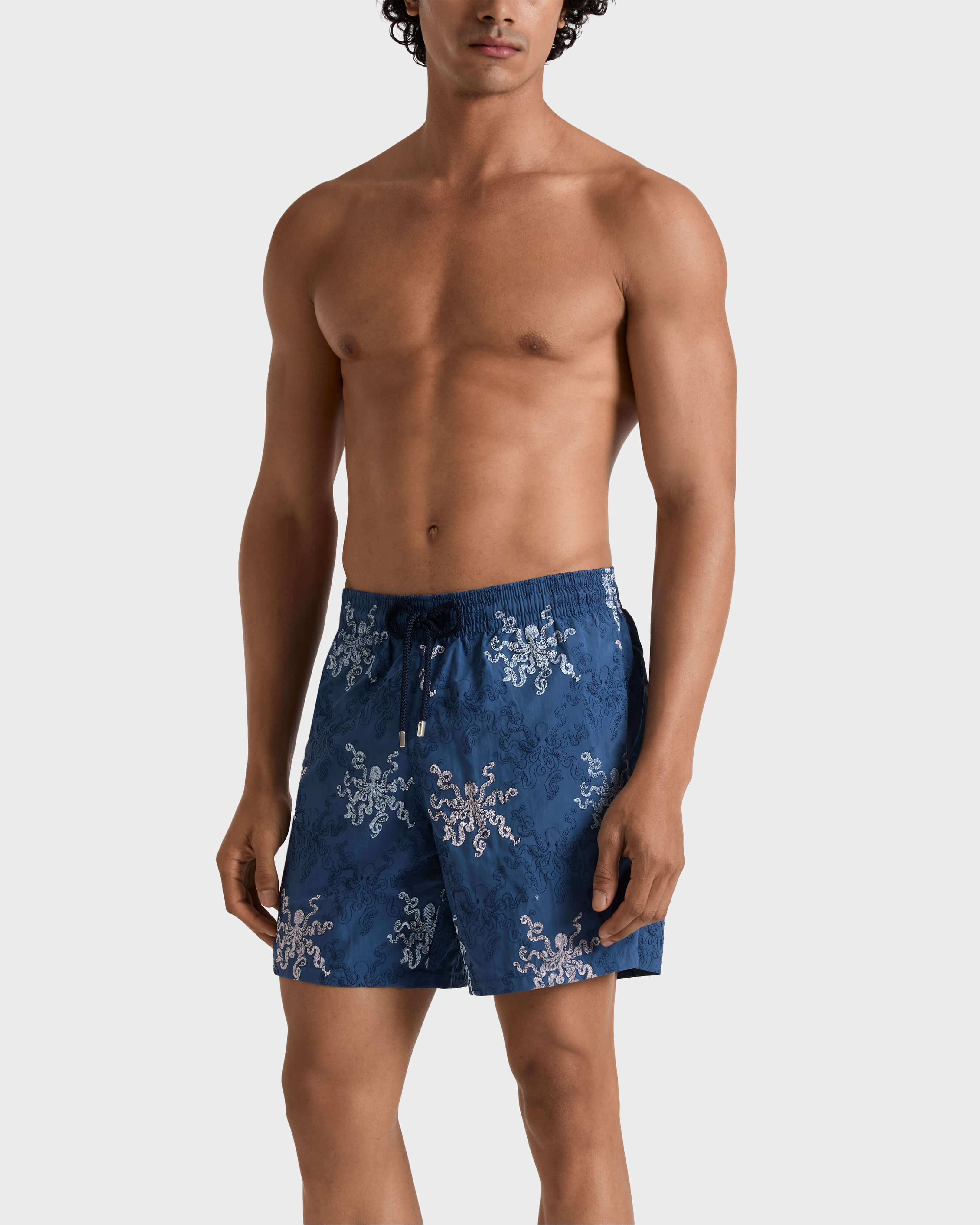 Men Embroidered Swim Trunks Octopus in Stripes - Limited Edition EVENING frontworn view