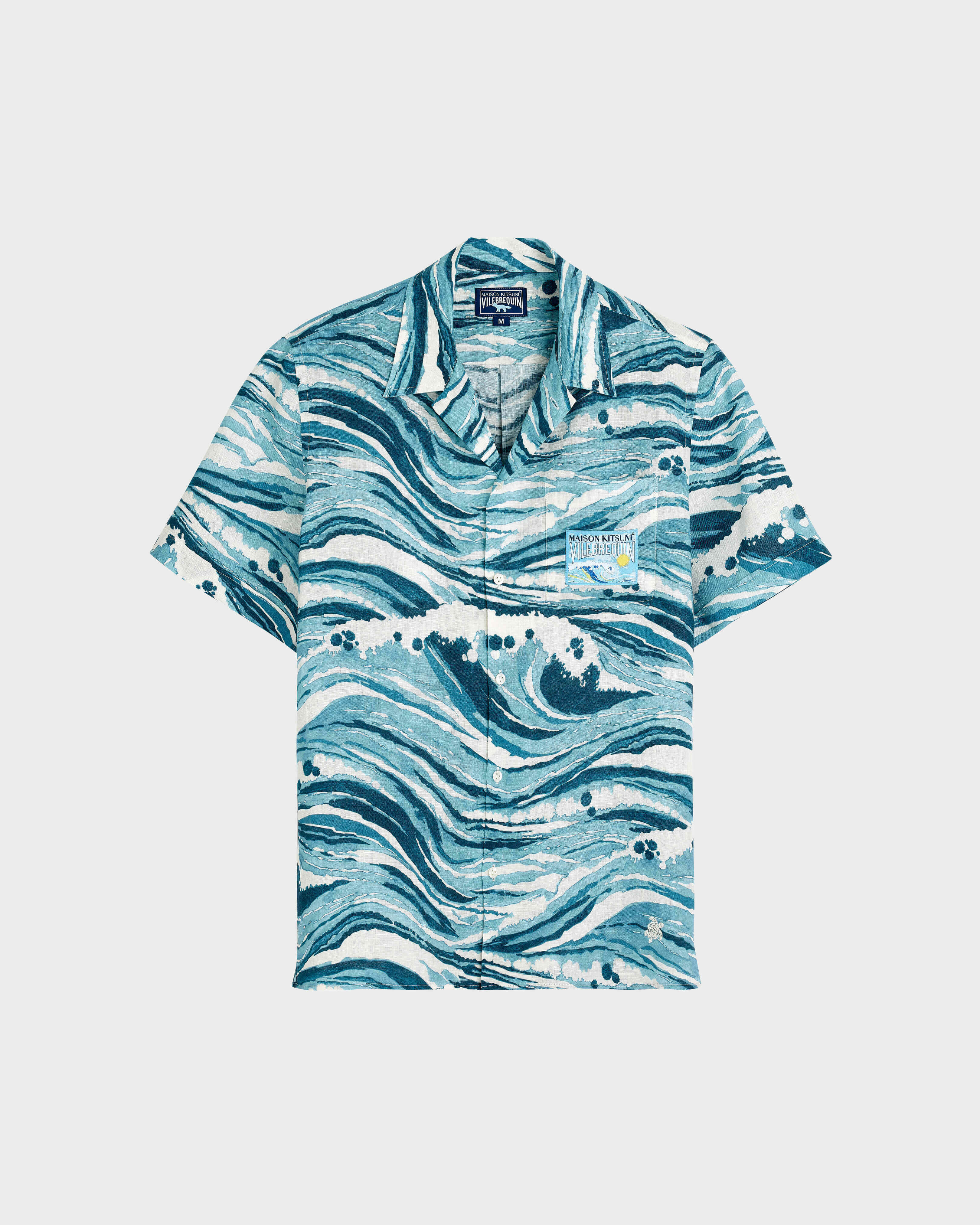 Chemise bowling en lin homme Wave - Vilebrequin x Maison Kitsuné BLEU front view