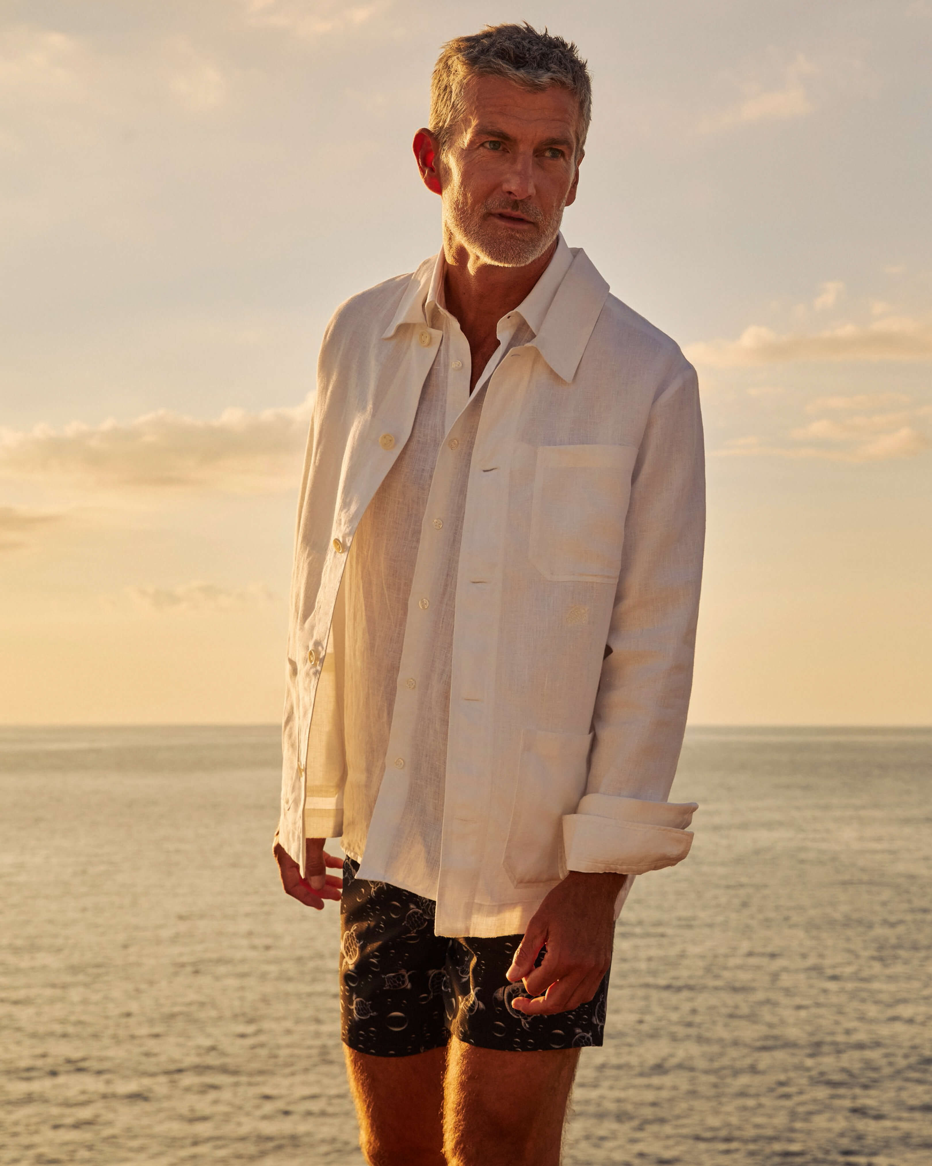 Men Linen Solid Overshirt WHITE lifestyle view