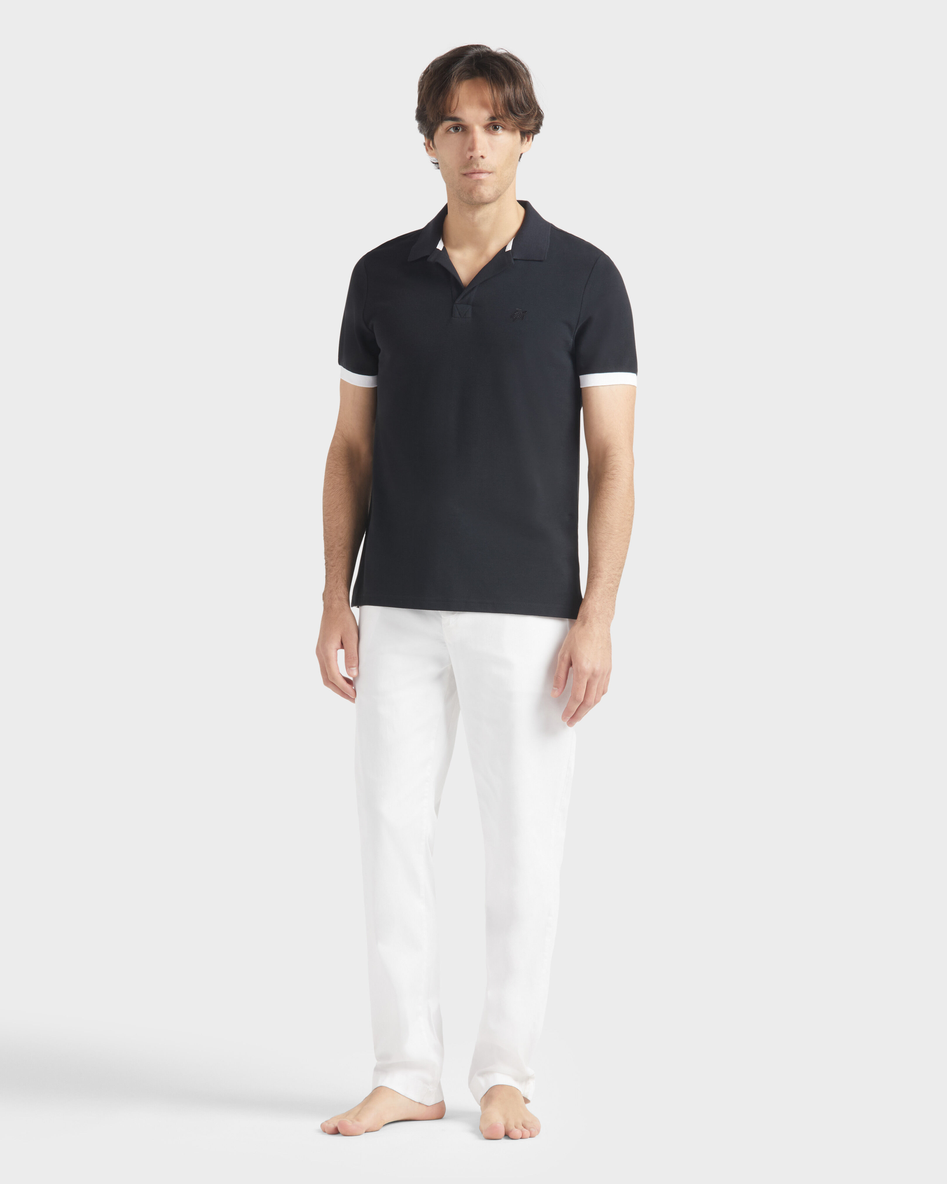 Men Organic Cotton Pique Polo Shirt Solid BLACK frontworn view