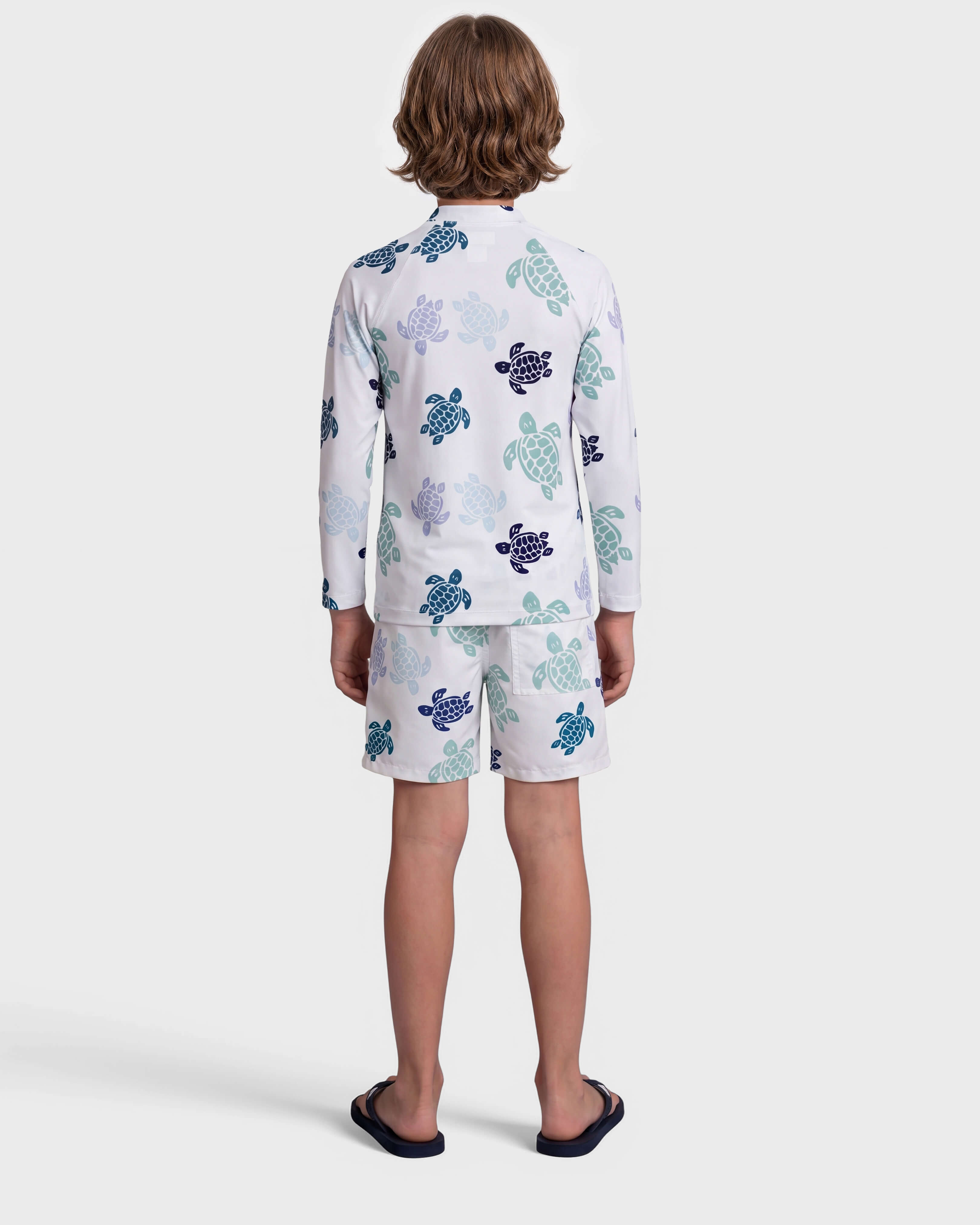 Boys Zipped Long Sleeves Rashguard Tortues Multicolores WHITE backworn view