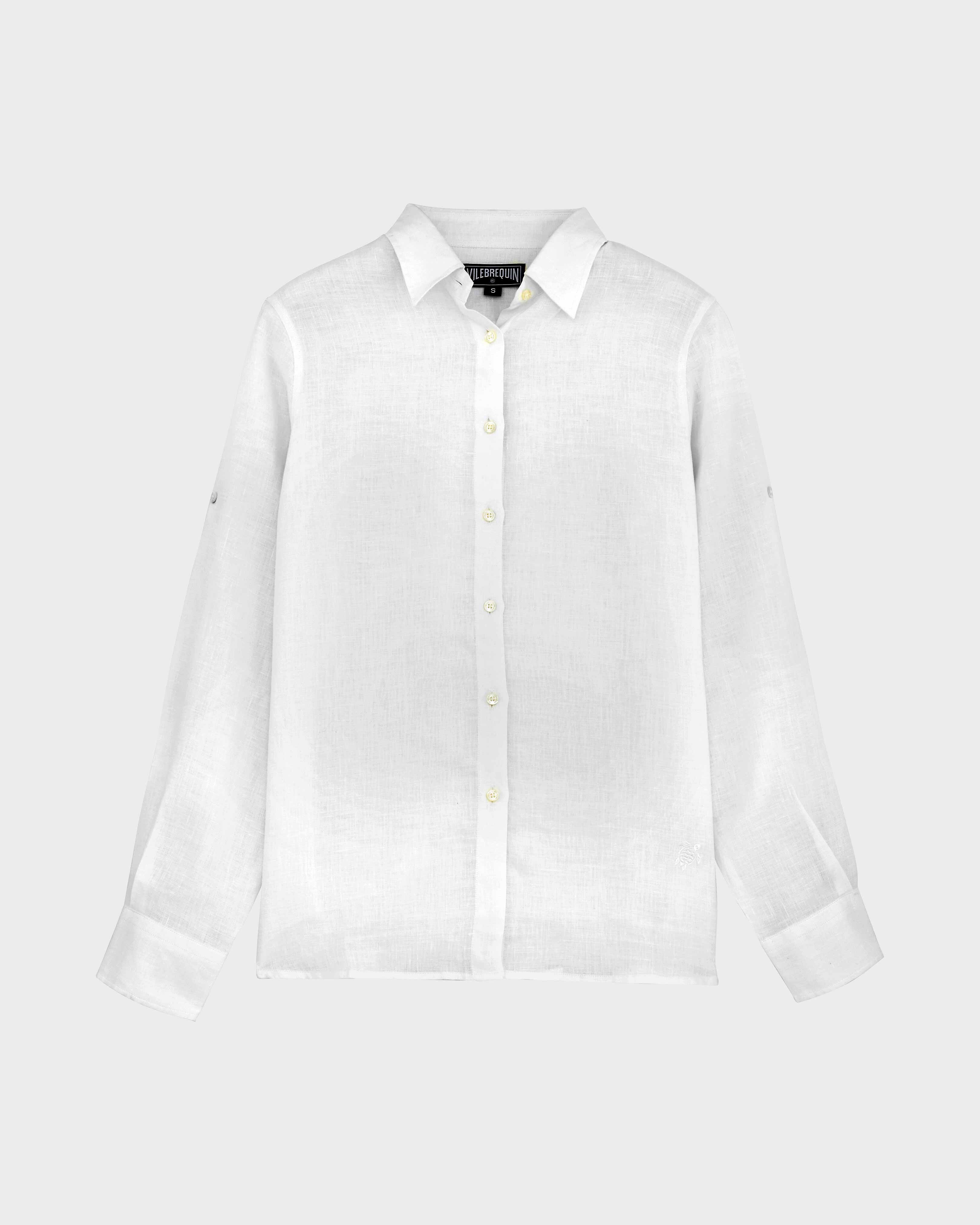 Women Long Sleeves Linen Shirt Solid WHITE front view