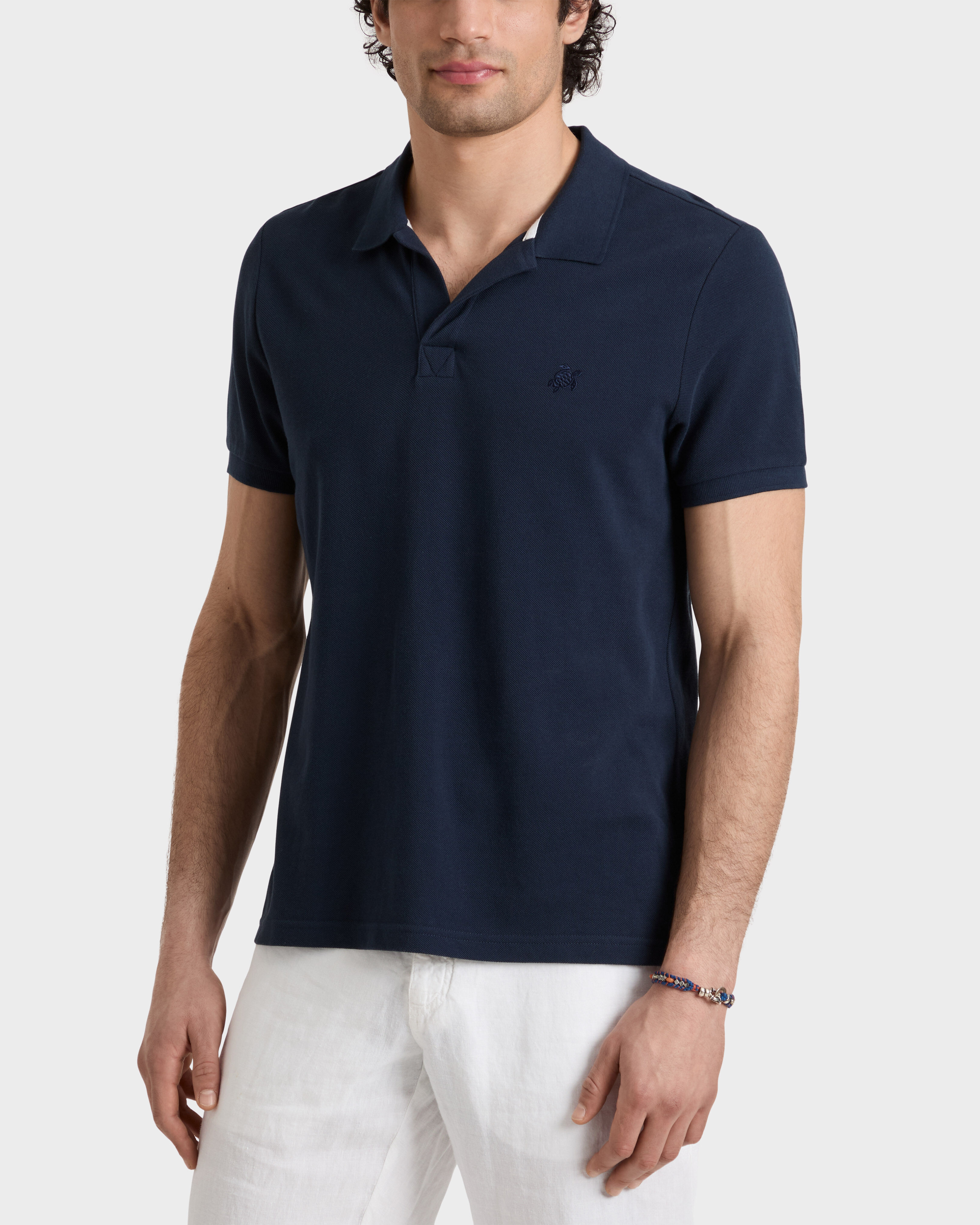 Men Organic Cotton Pique Polo Shirt Solid NAVY frontworn view