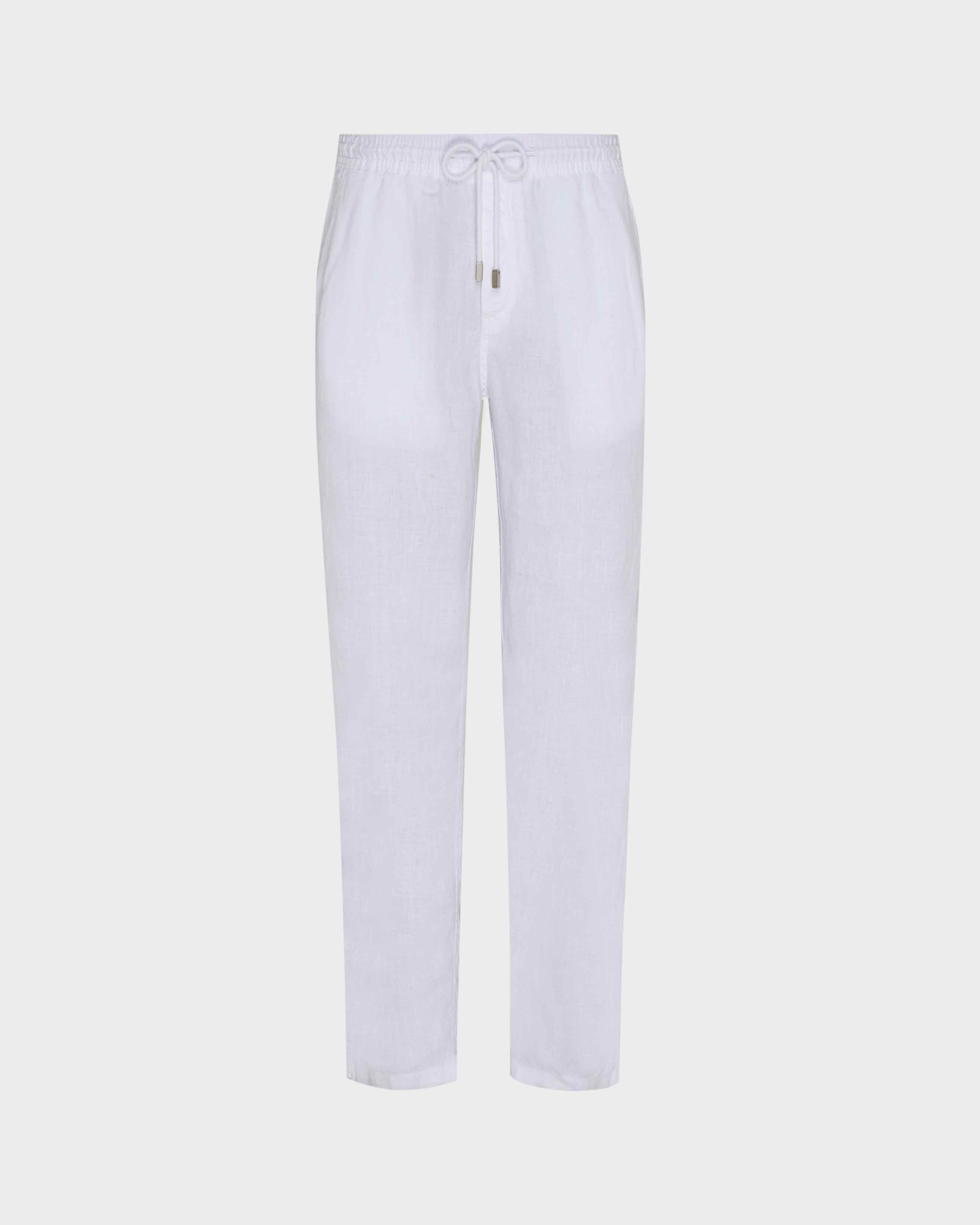 Men Linen Pants Regular Fit Solid WHITE front view