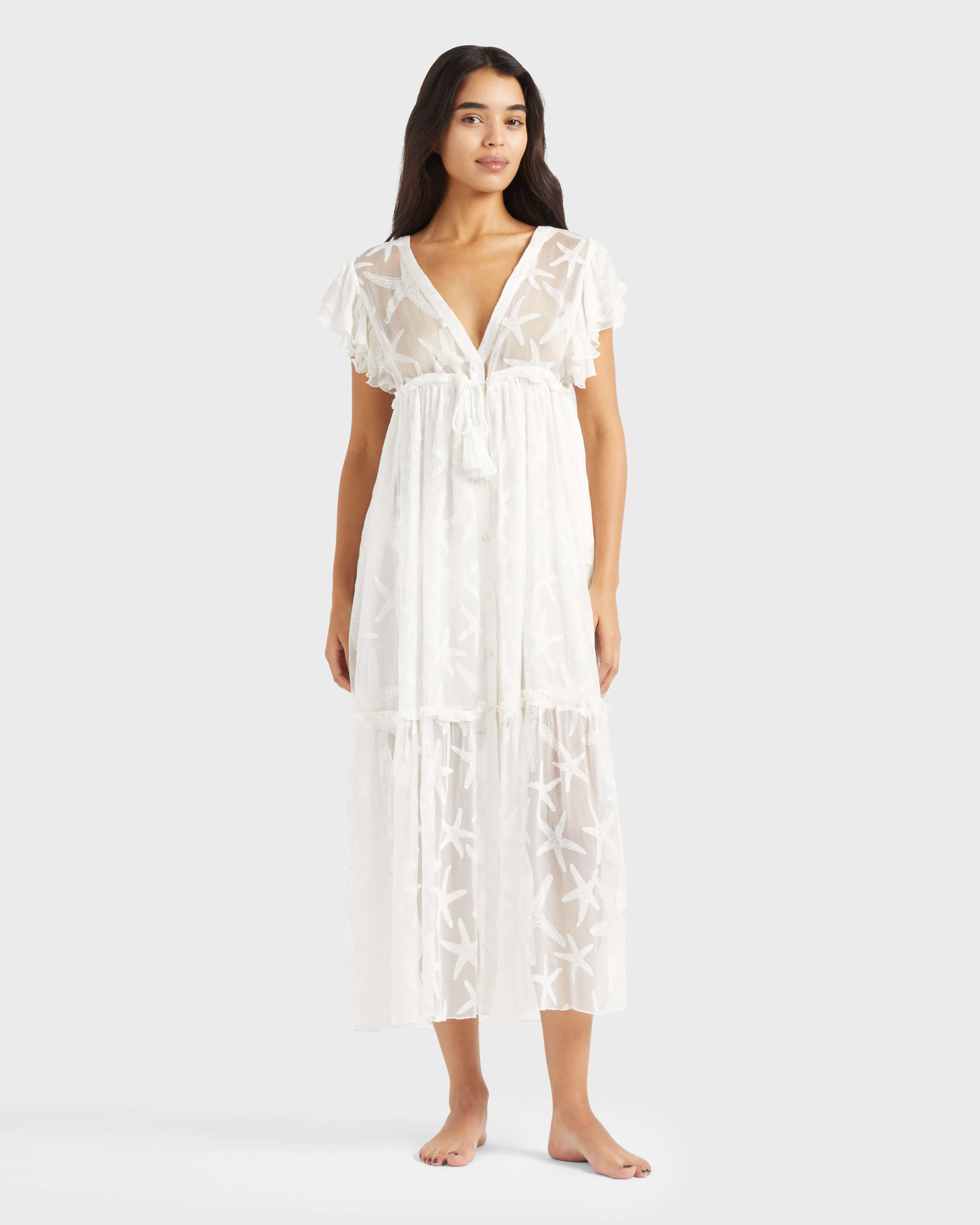 Vestido largo de seda transparente con estampado Starfish para mujer OFF WHITE frontworn view
