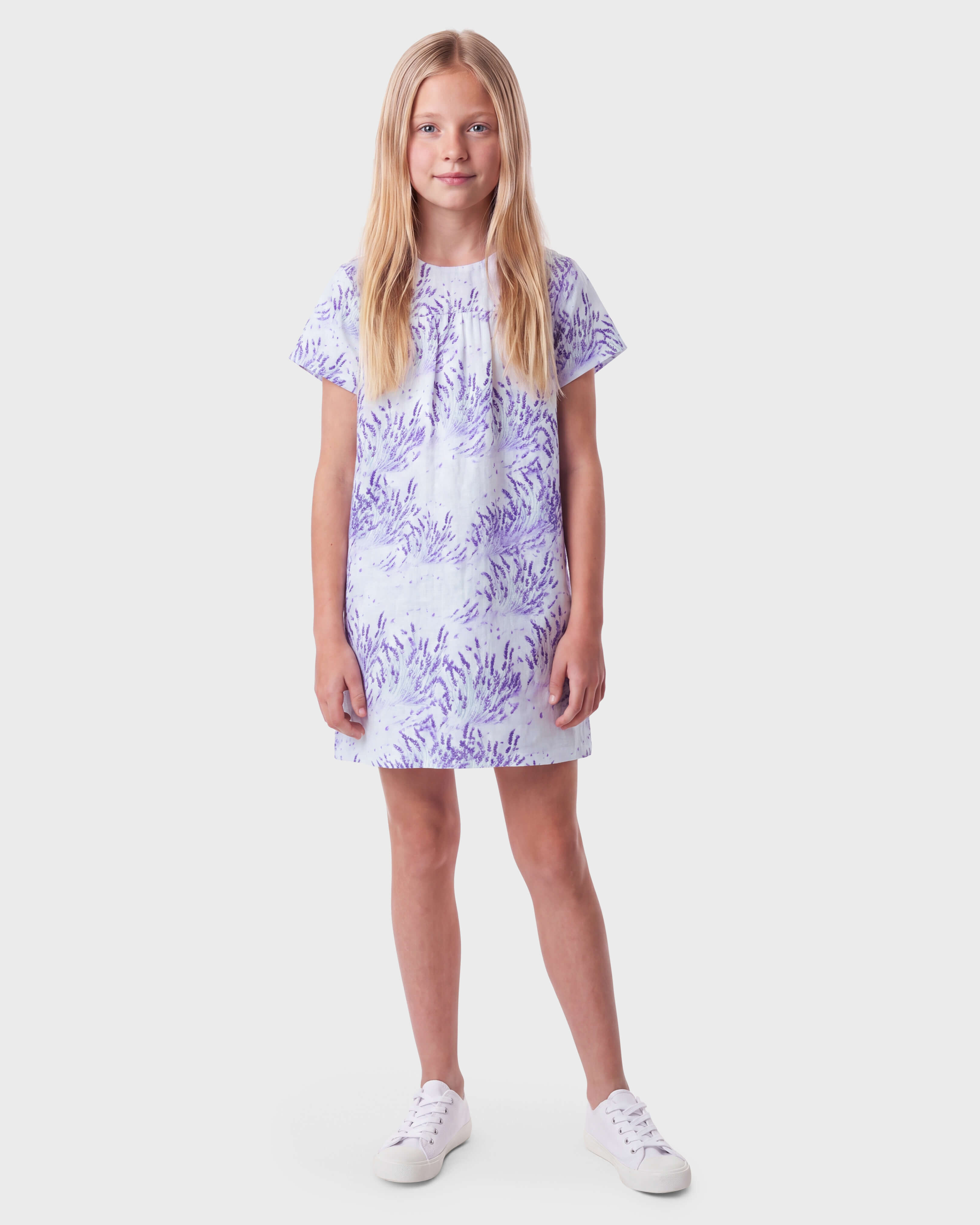 Girls Linen Dress Lavender WHITE frontworn view
