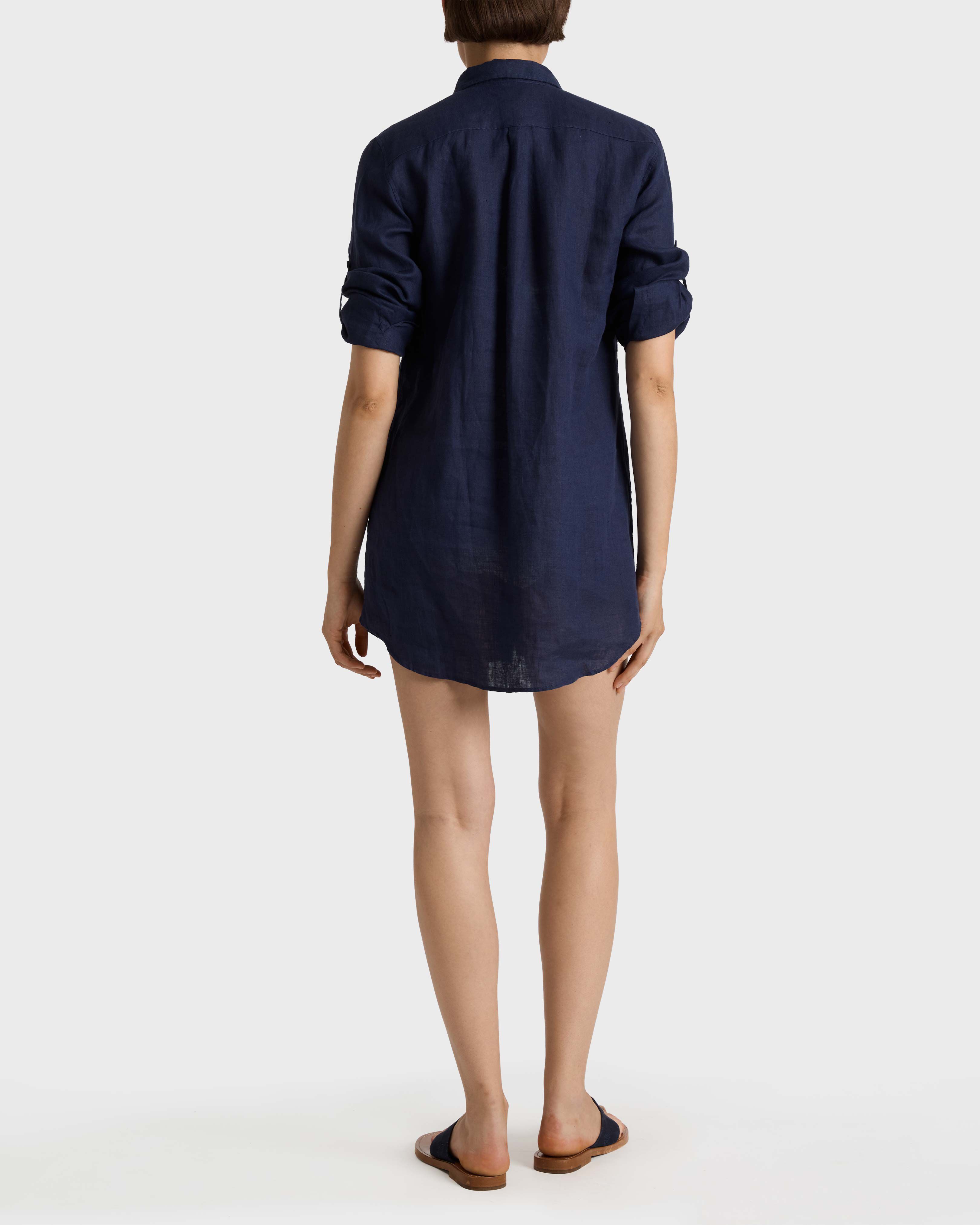 Women Linen Shirt Dress Solid NAVY backworn view