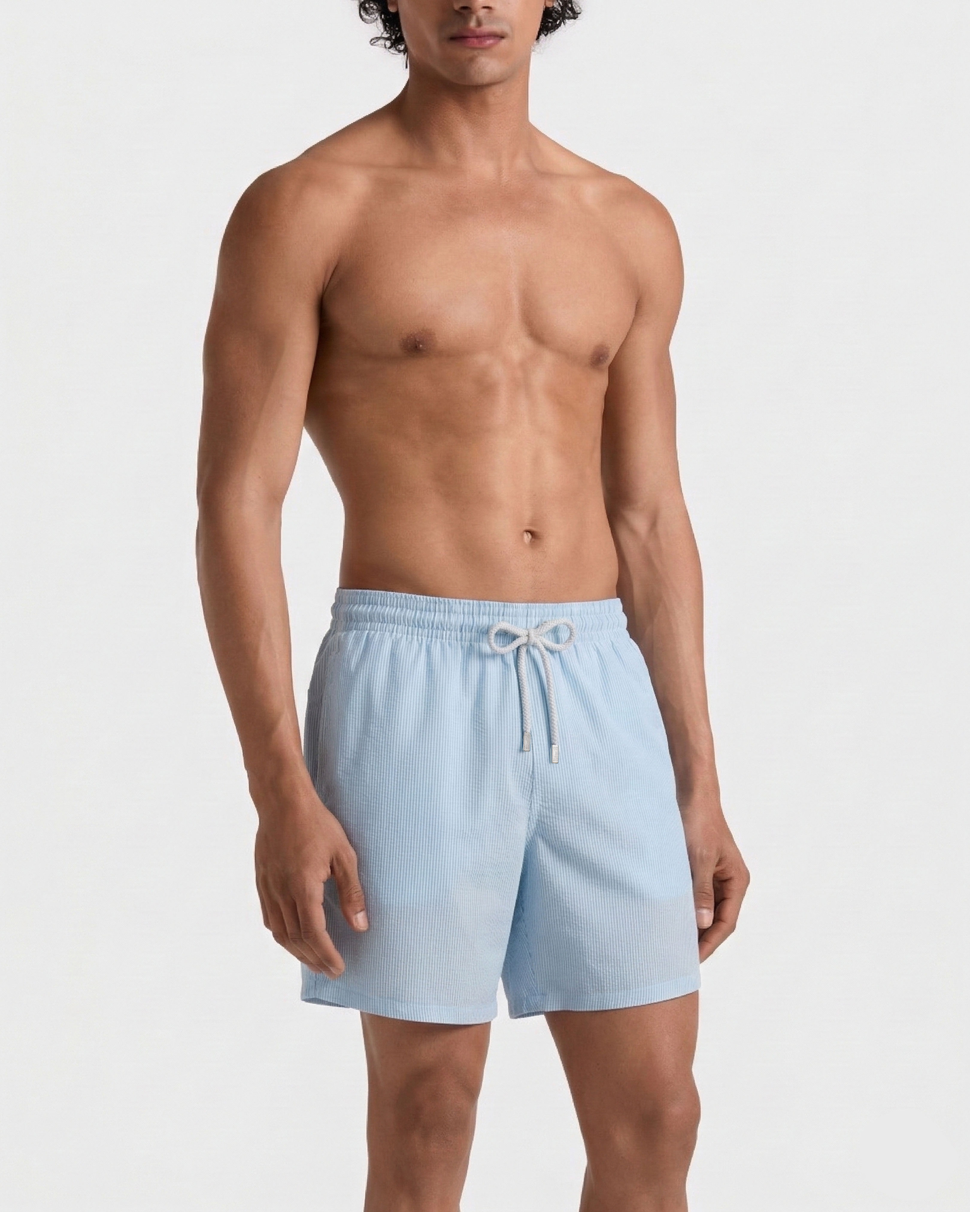 Men Ultrafine Wool Swim Shorts Micro Rayures Tailoring BLUE TOPAZ frontworn view