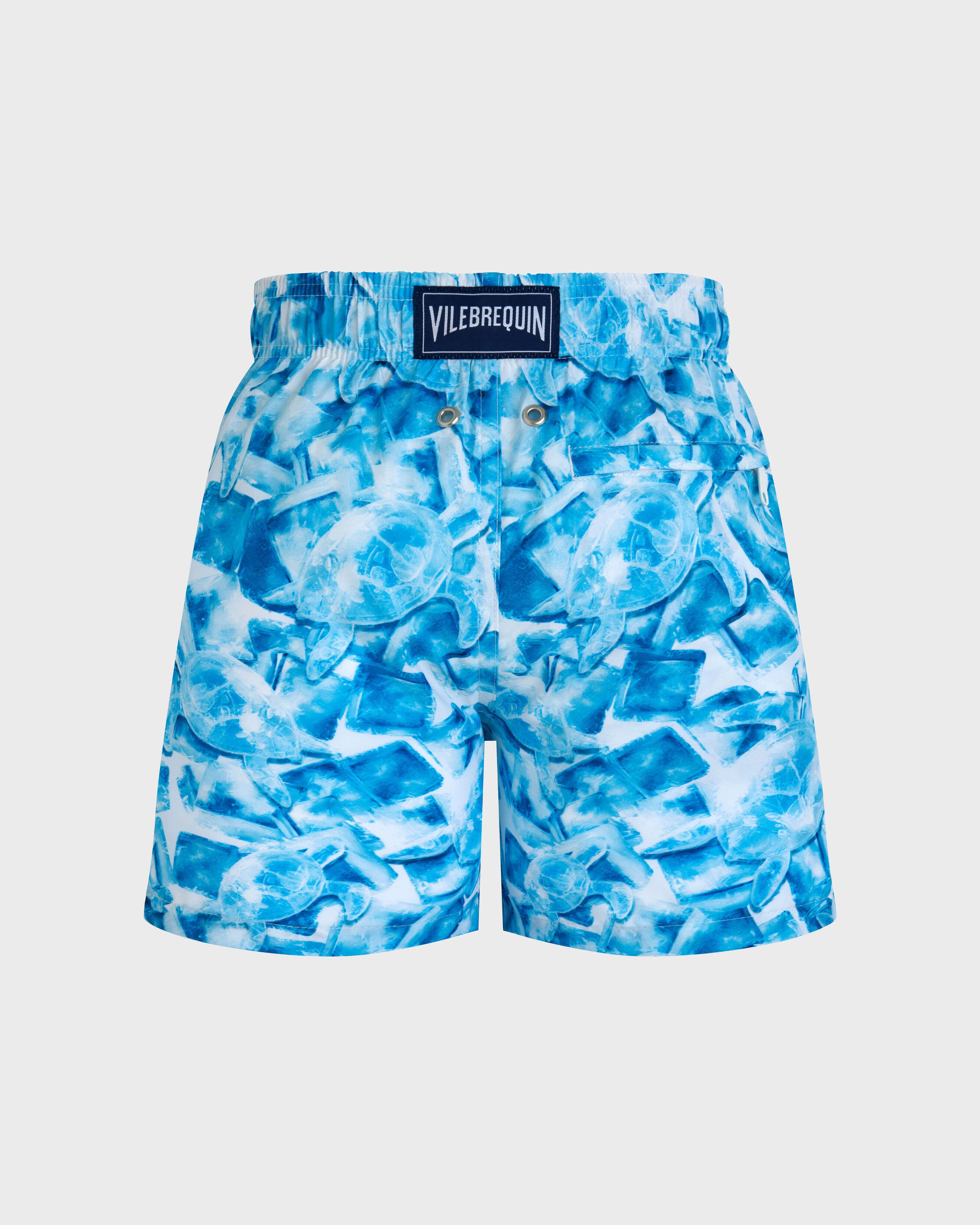 Boys Ultra-Light and Packable Swim Trunks Iced Turtles WHITE back view