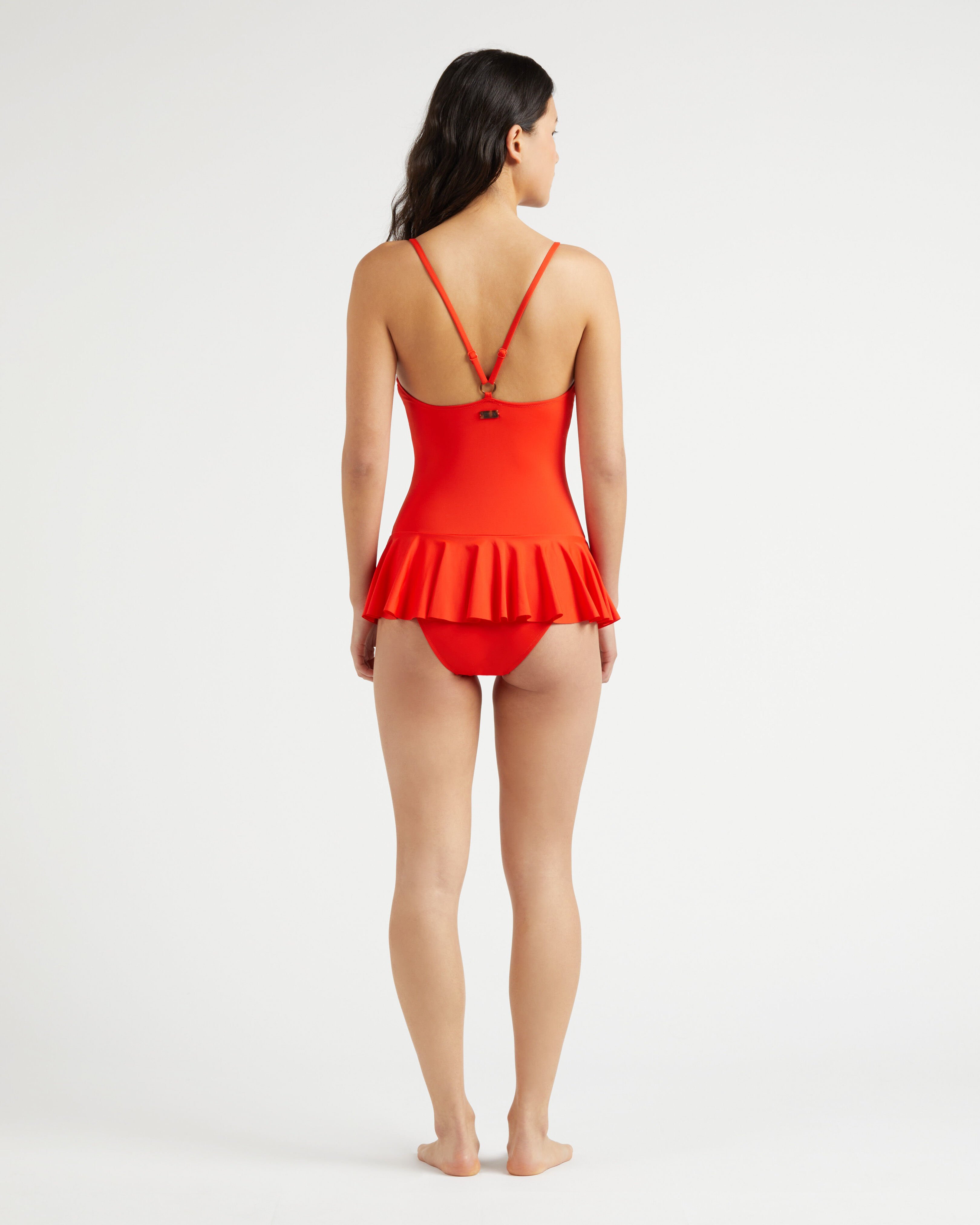 Women Skirt One-piece Swimsuit Solid POPPY RED backworn view