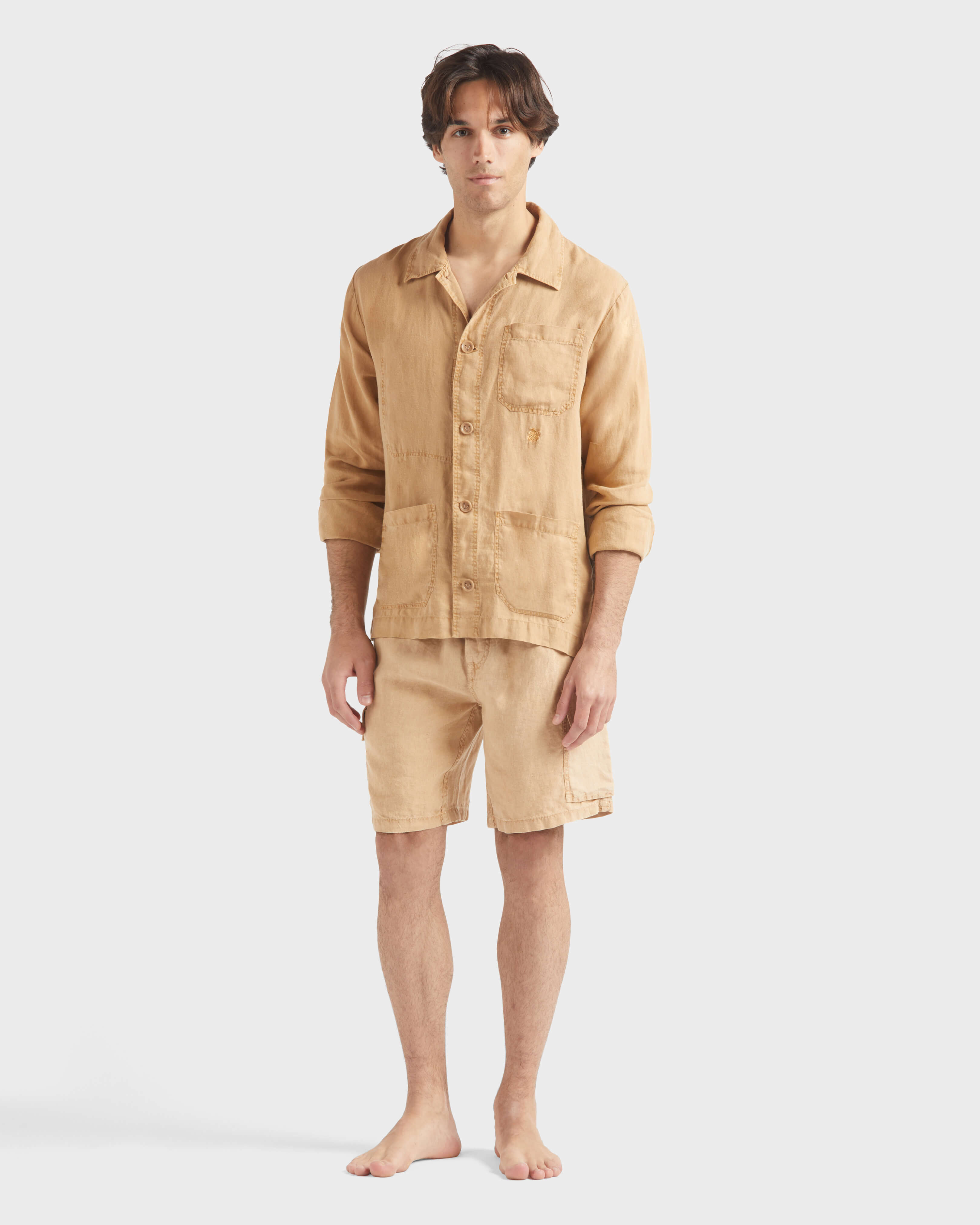 Men Linen Overshirt Mineral Dye Color MOCHA frontworn view