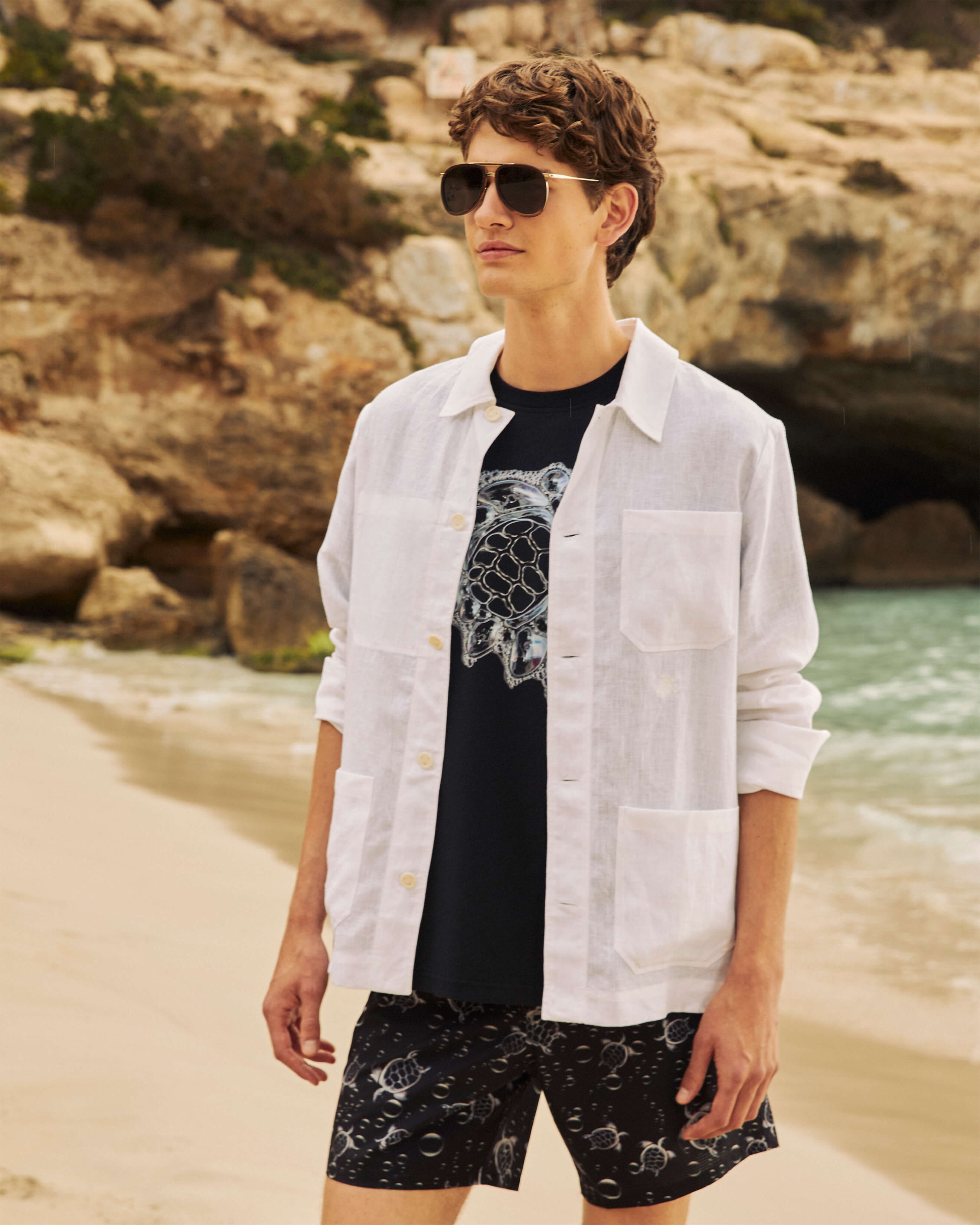 Sobrecamisa de lino para hombre lisa BLANCO look1 view