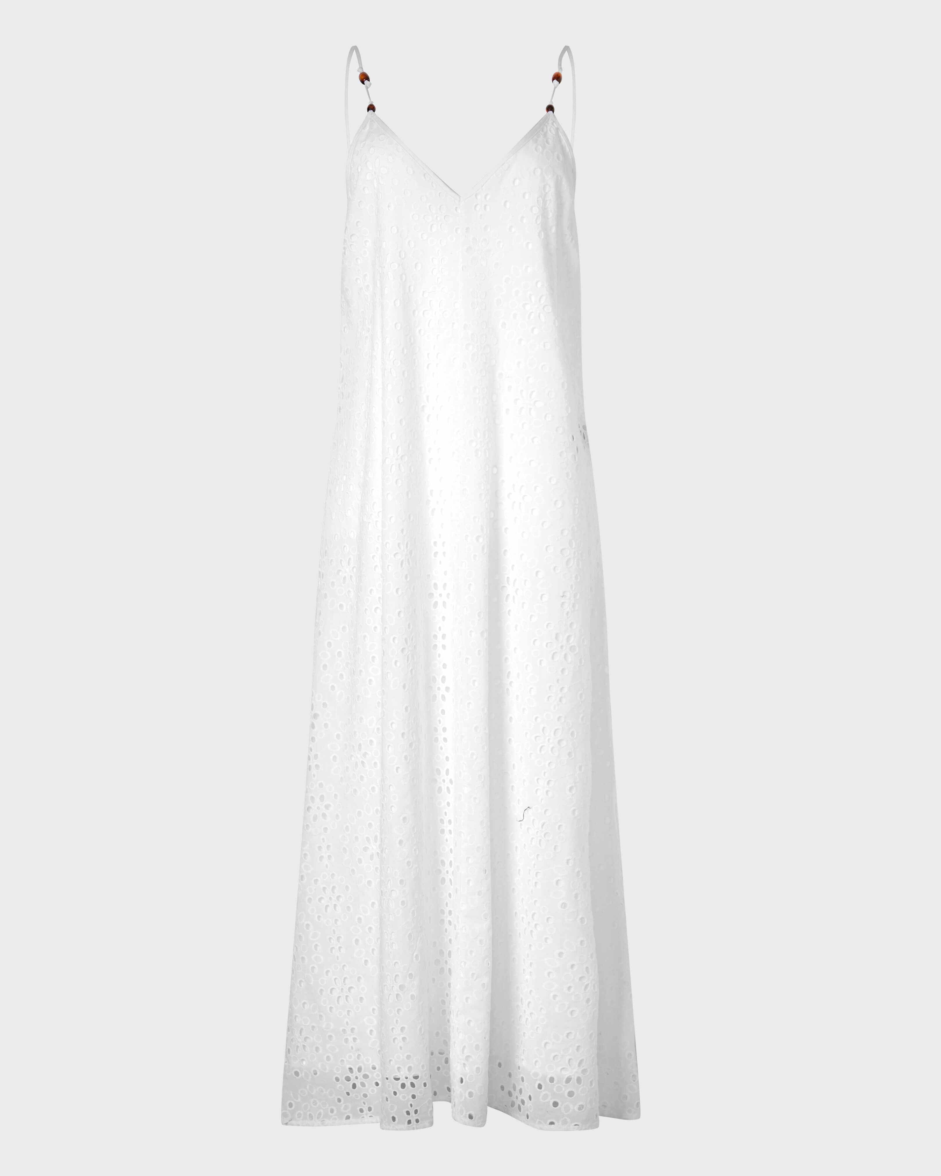 Abito lungo donna in broderie anglaise con scollatura a V BIANCO front view