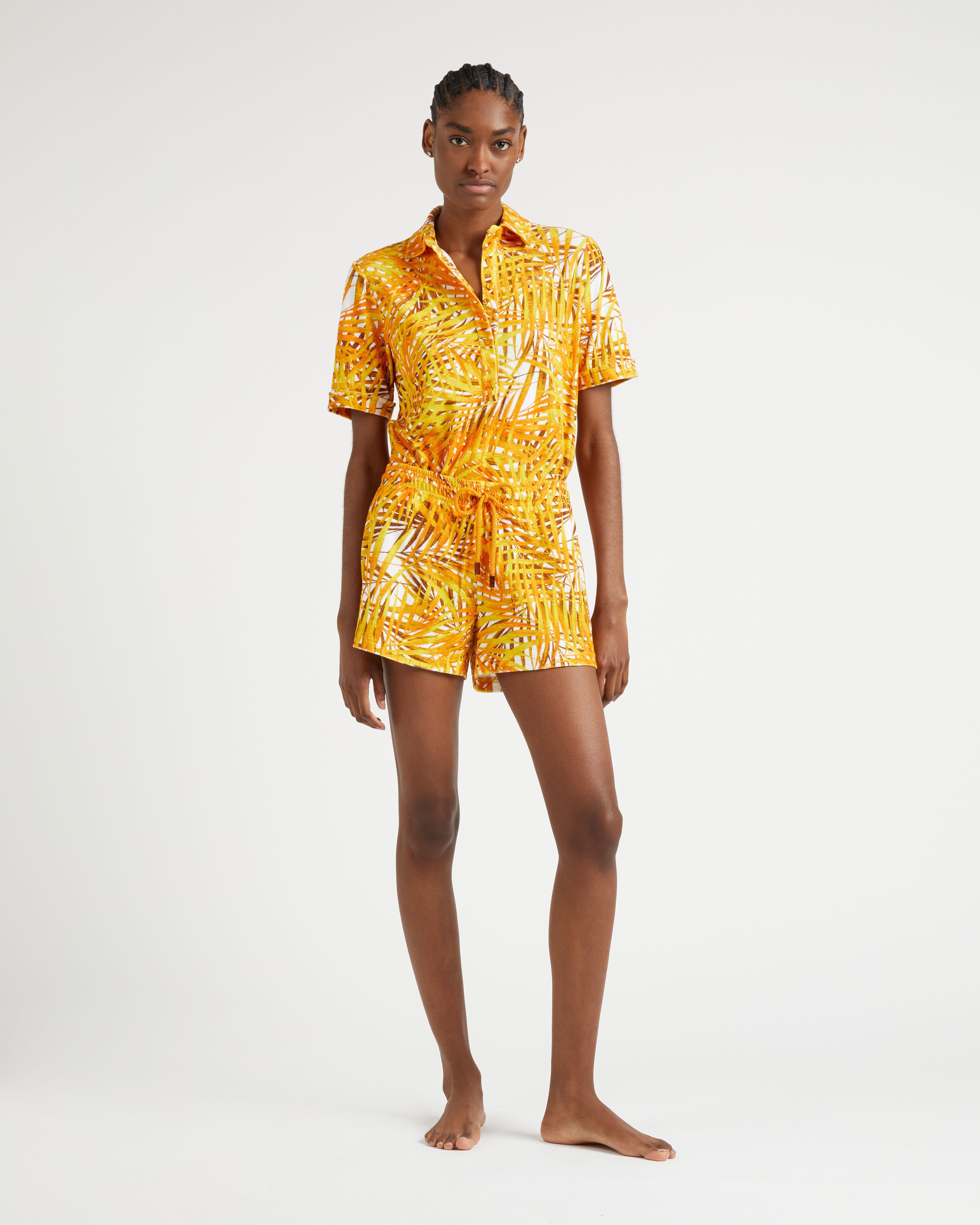 Women Terry Polo Shirt Palm Leaves MANGO frontworn view