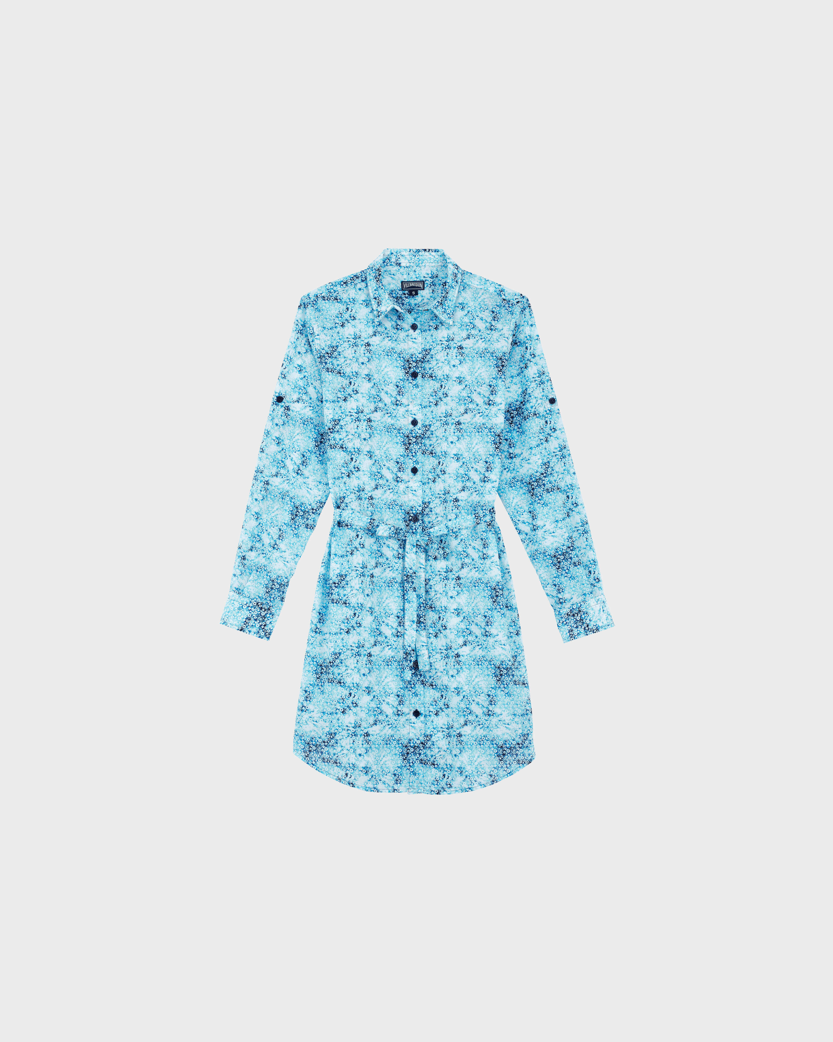 Vestido camisero de gasa de algodón con estampado Flowers Tieand Dye para mujer AZUL MARINO front view