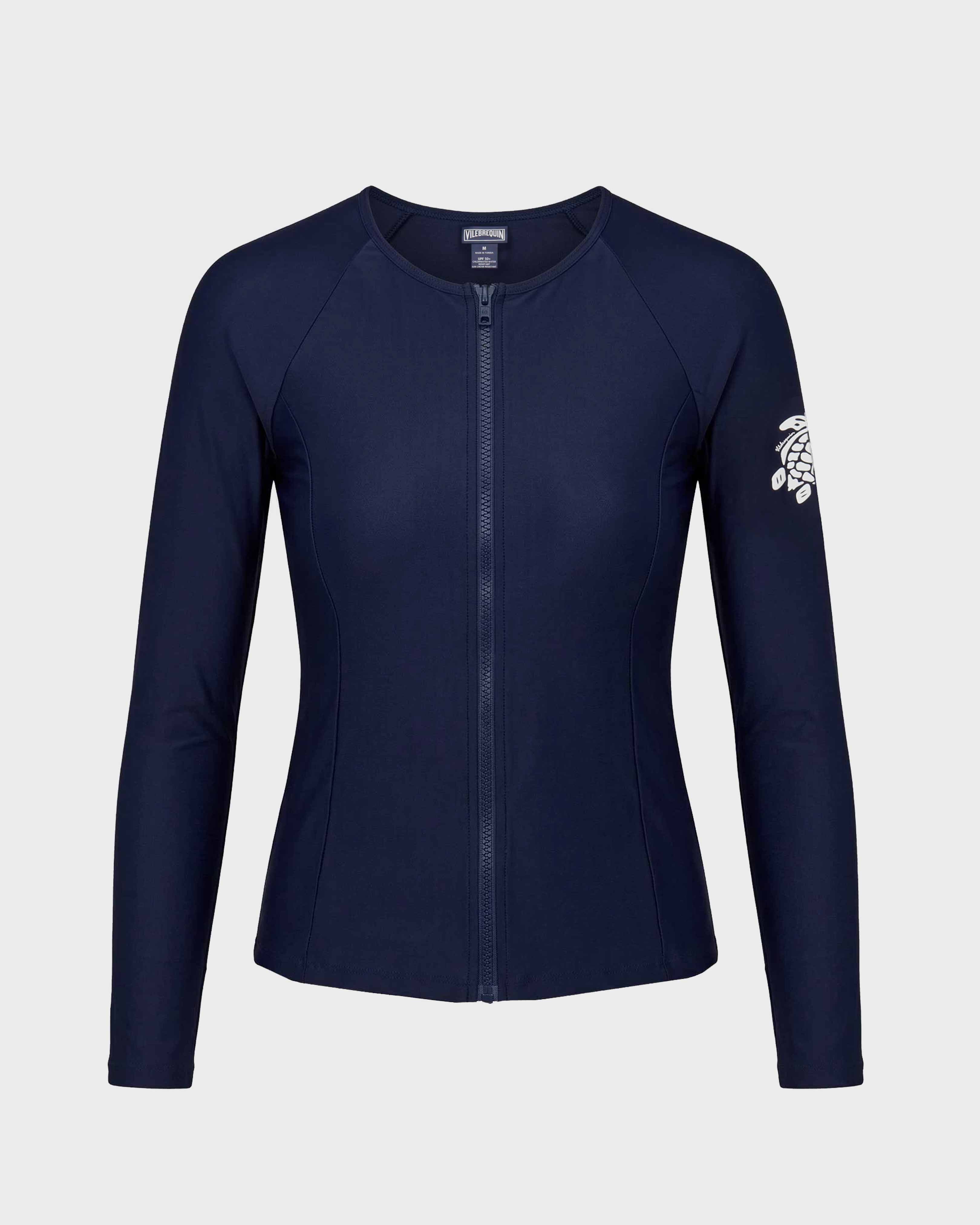 Women Long Sleeve Zipper Rashguard Solid AZUL MARINO front view