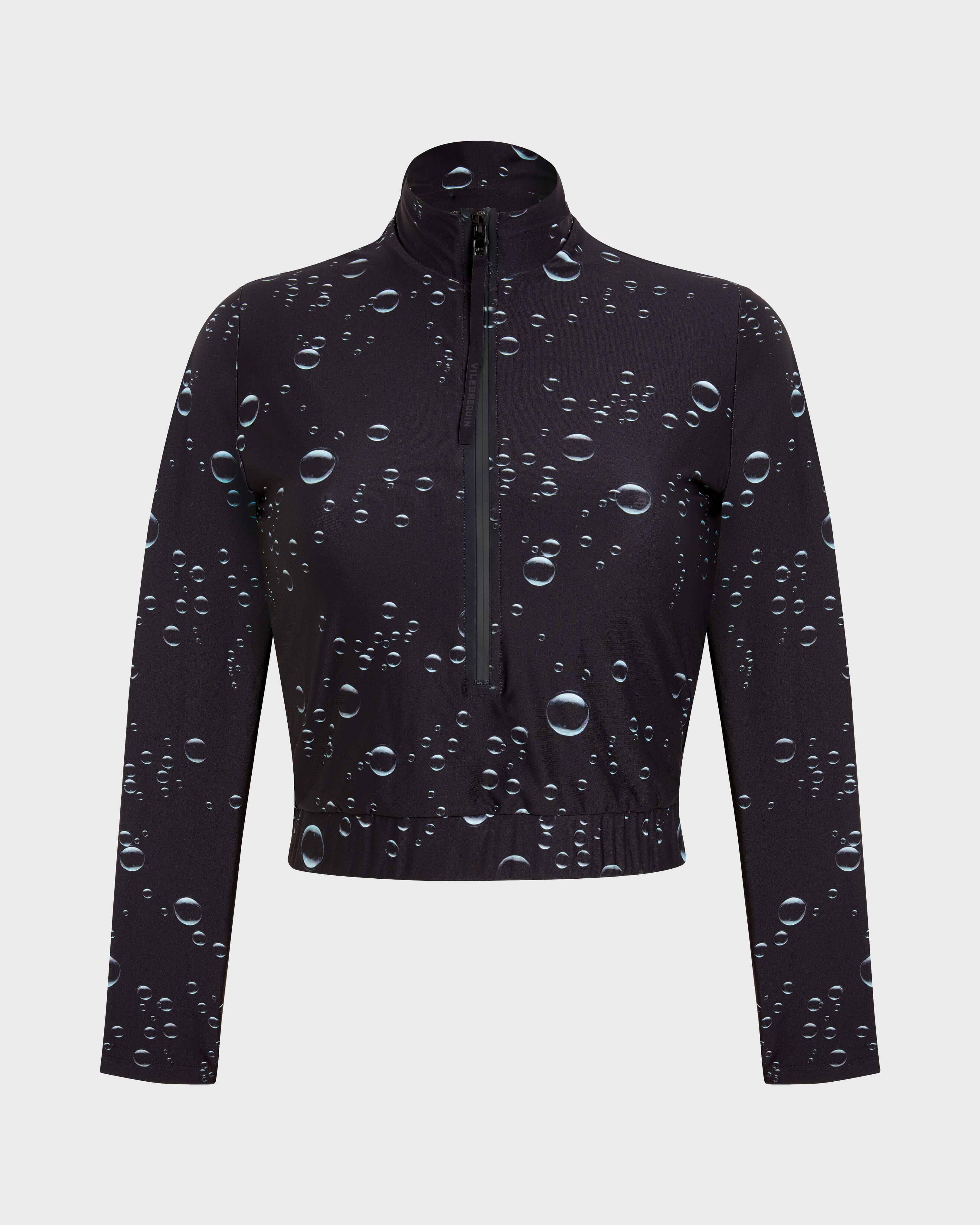 Bubble 3D Crop Top Rashguard mit durchgehendem Reißverschluss für Damen SCHWARZ front view