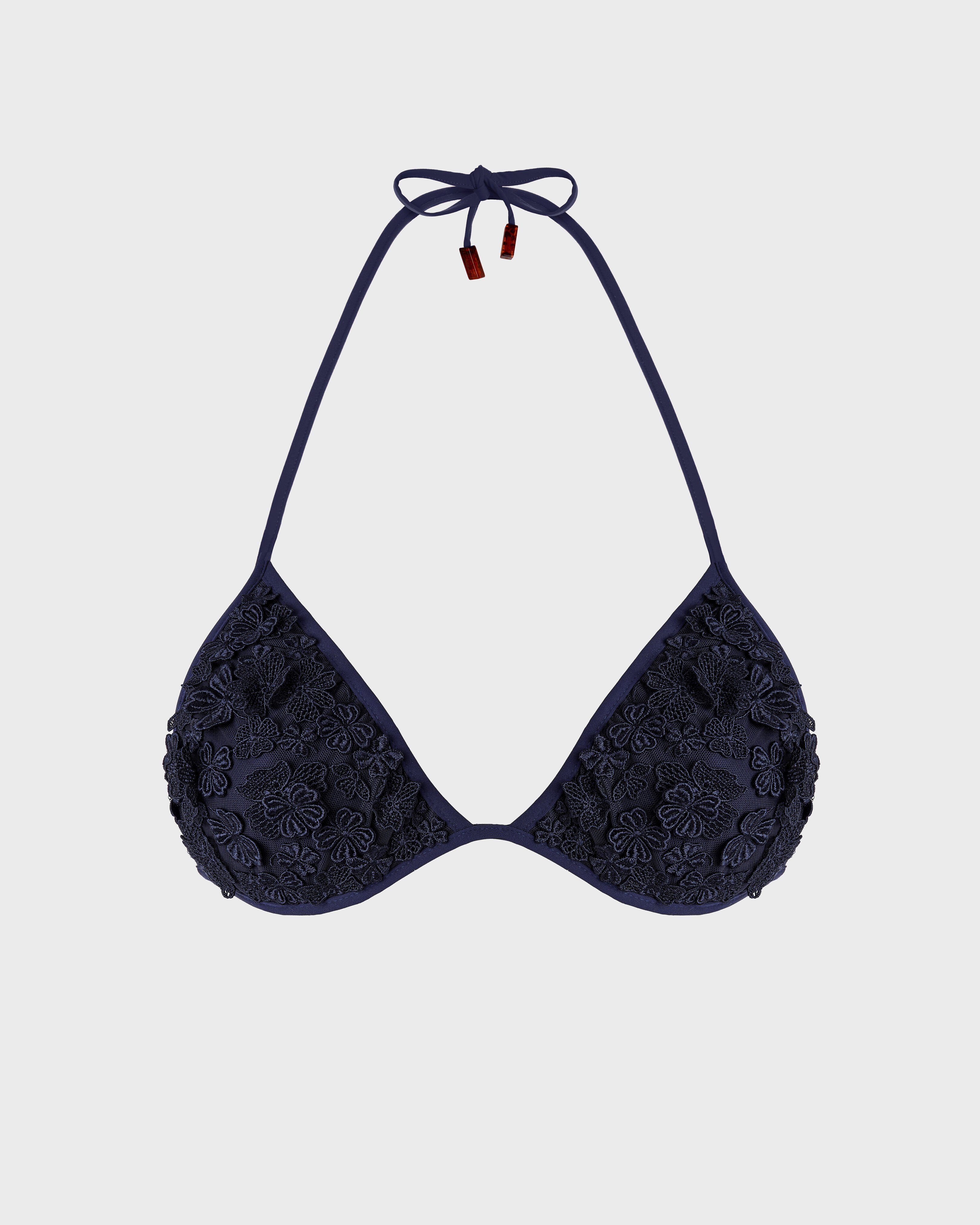 Women Triangle Bikini Top Embroidered Guipure Florale NAVY front view