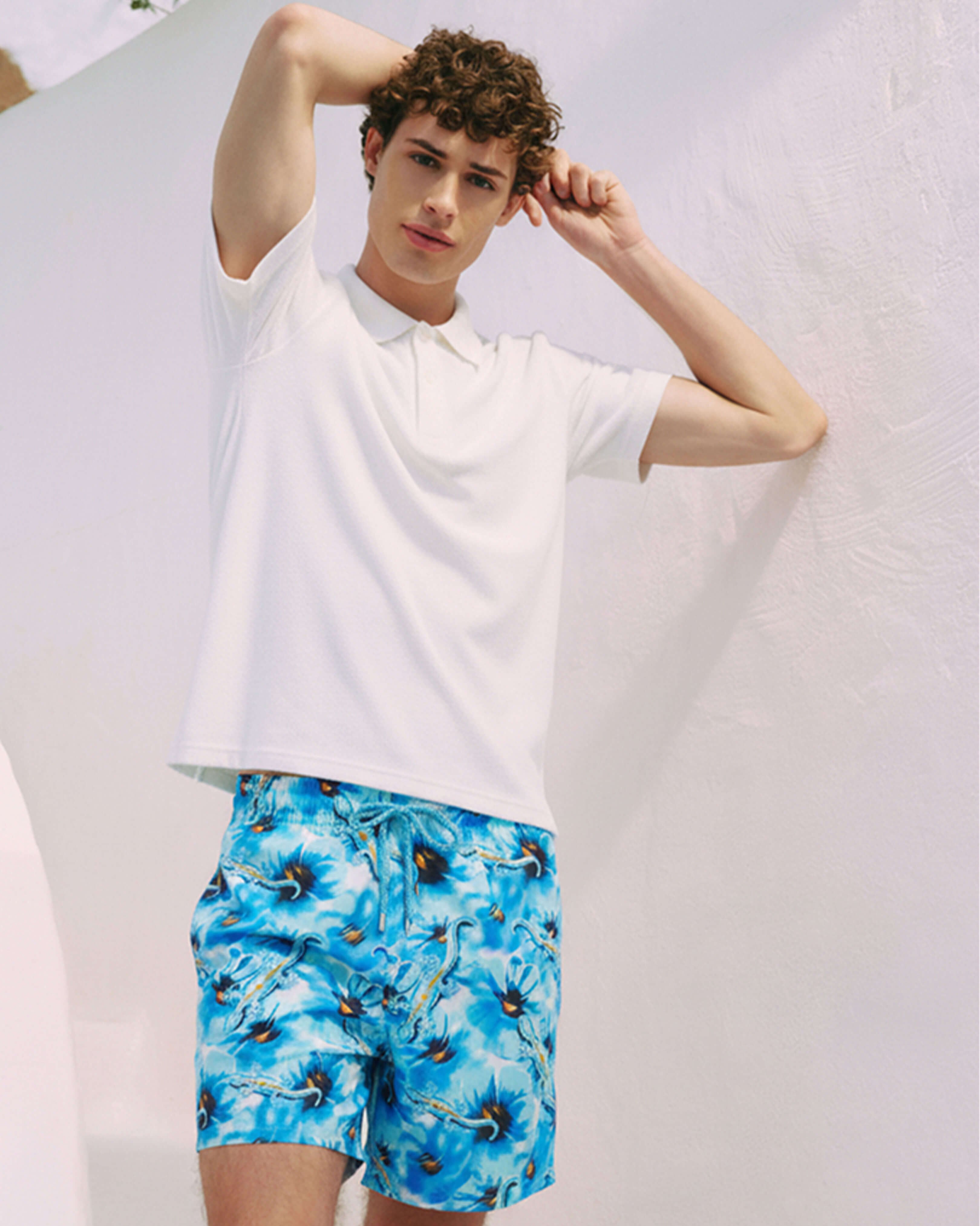 Men Stretch Short Swim Shorts Poppies and Geckos BLUE TOPAZ look1 view