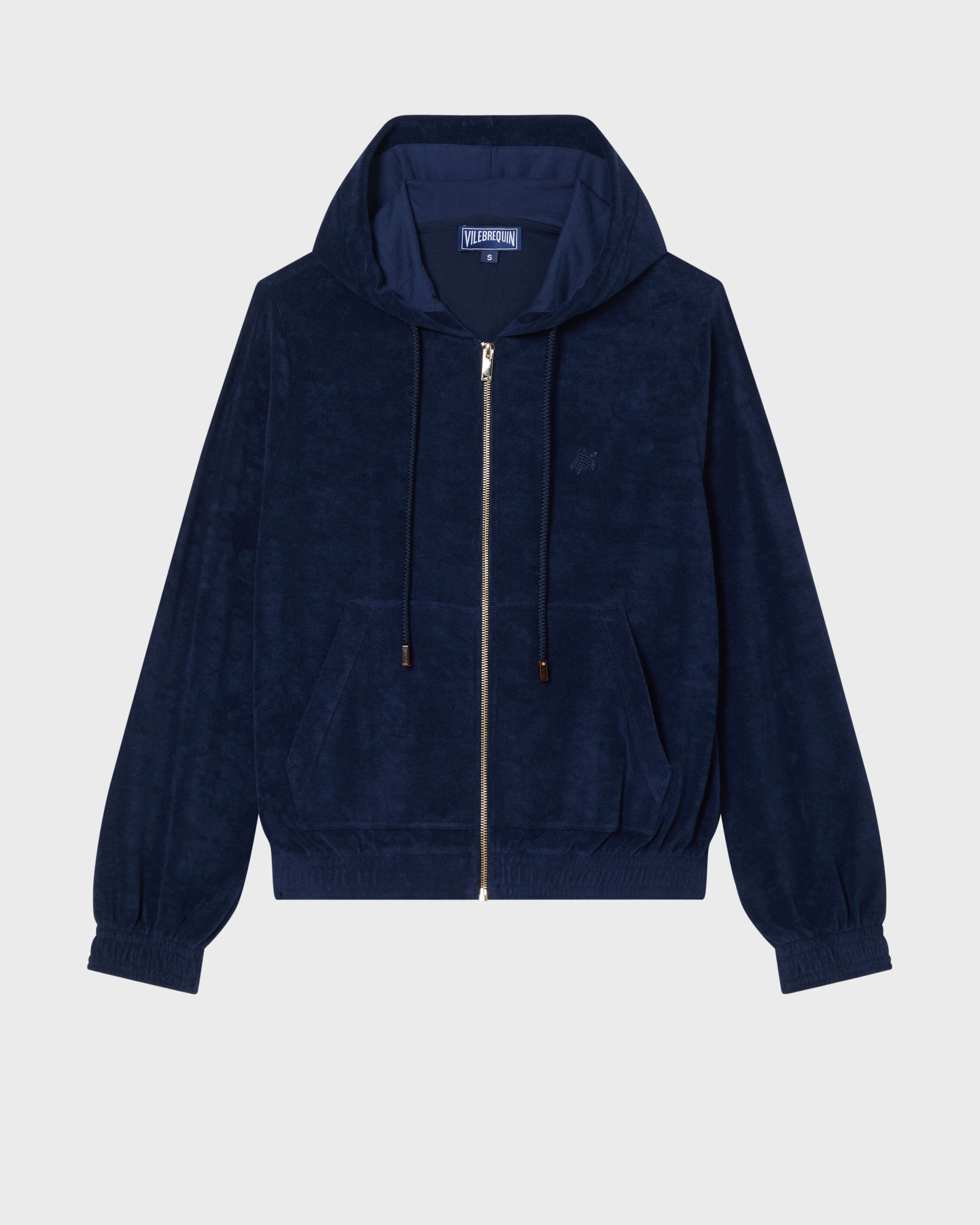 Solid Frottee-Kapuzenjacke mit Reißverschluss für Damen MARINEBLAU front view