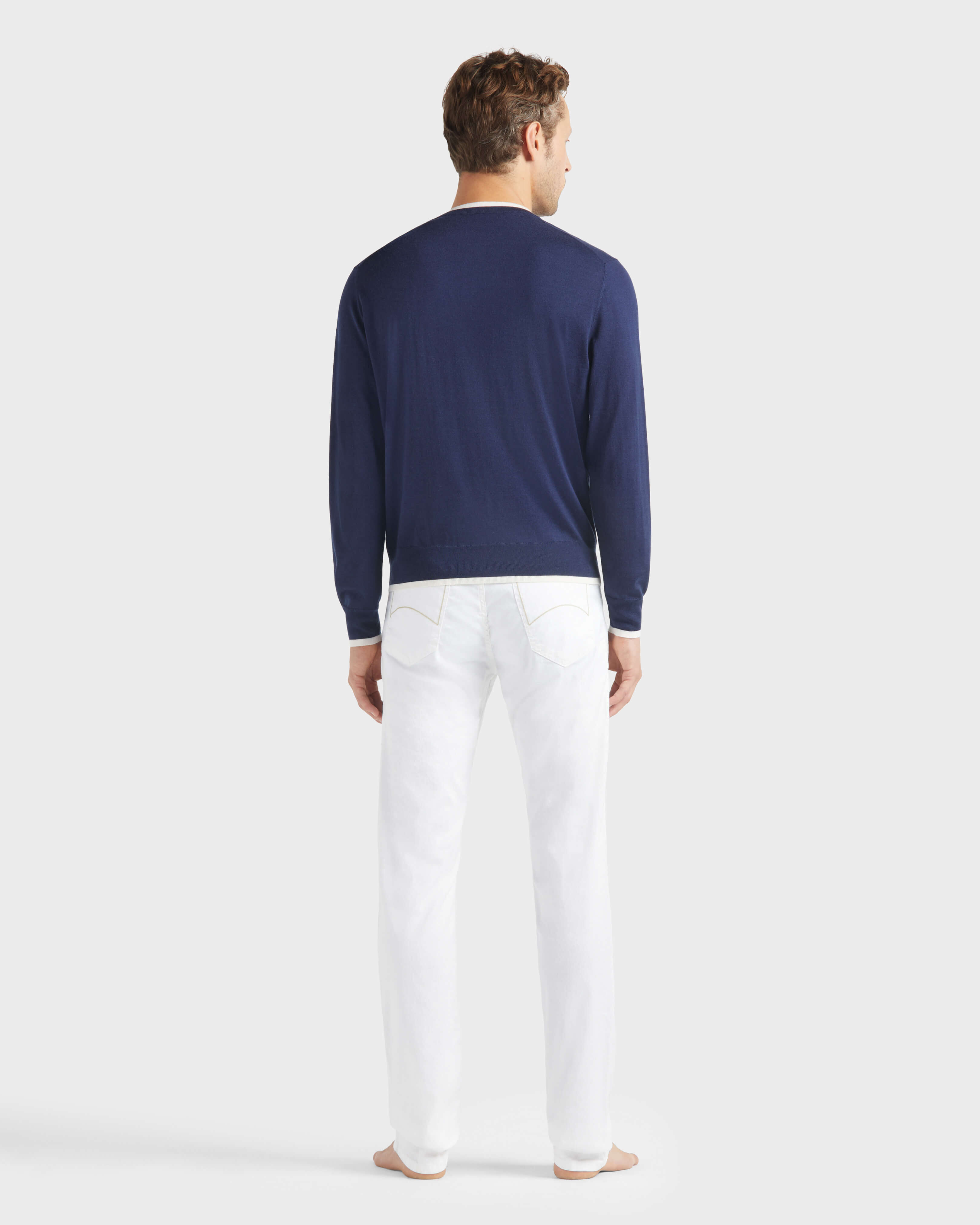 Men Merino Wool Cashmere Silk Crewneck Sweater NAVY backworn view